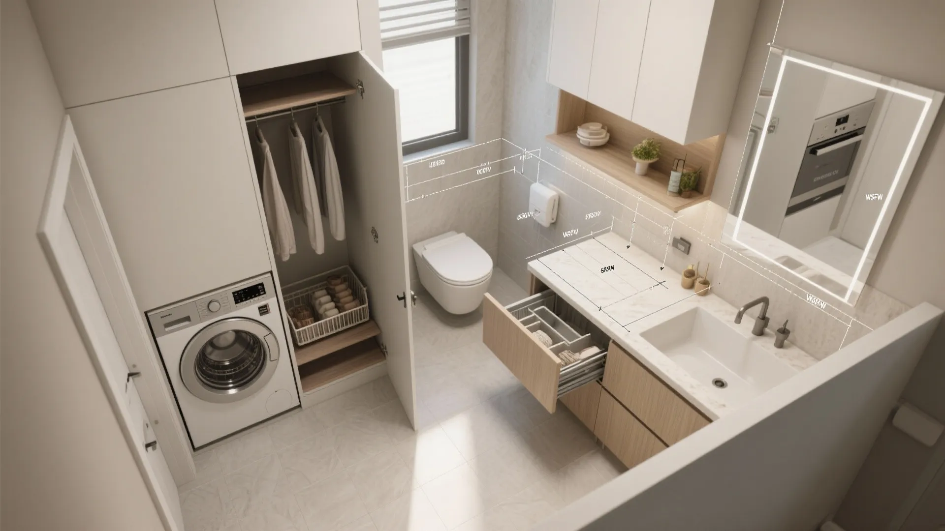 Modern small bathroom layout with washing machine clothes storage toilet sink and white wall cabinets