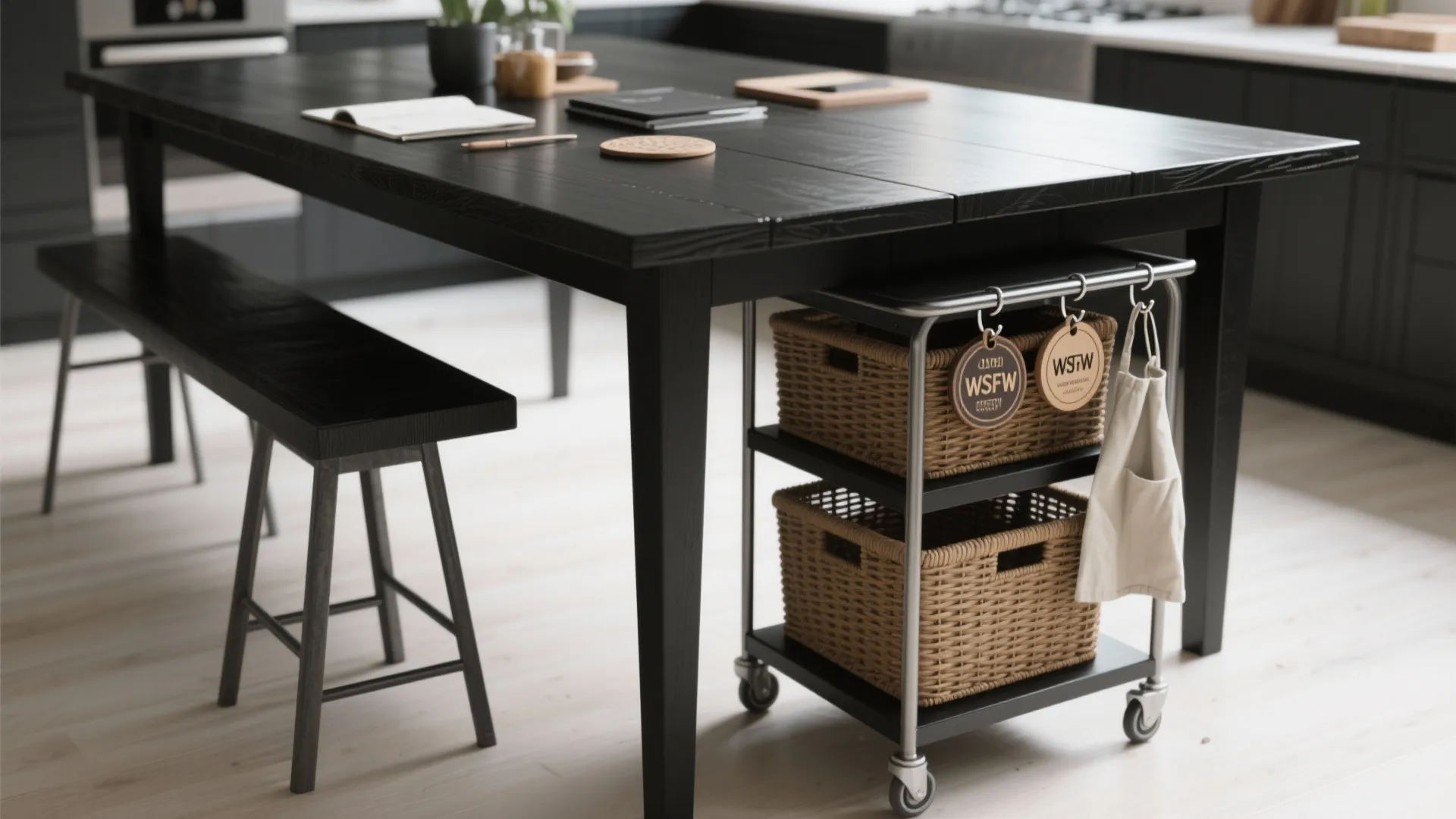 Black wooden kitchen table with matching bench plus rolling storage cart holding two brown wicker baskets