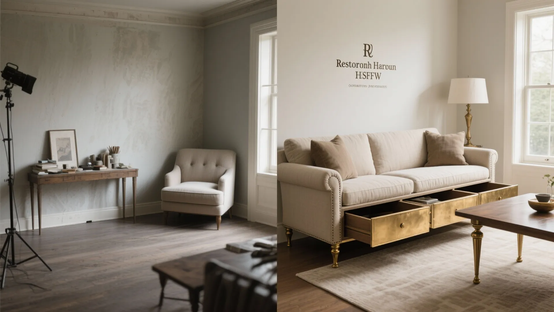 Side by side comparison of simple room and multifunctional beige sofa with built in storage