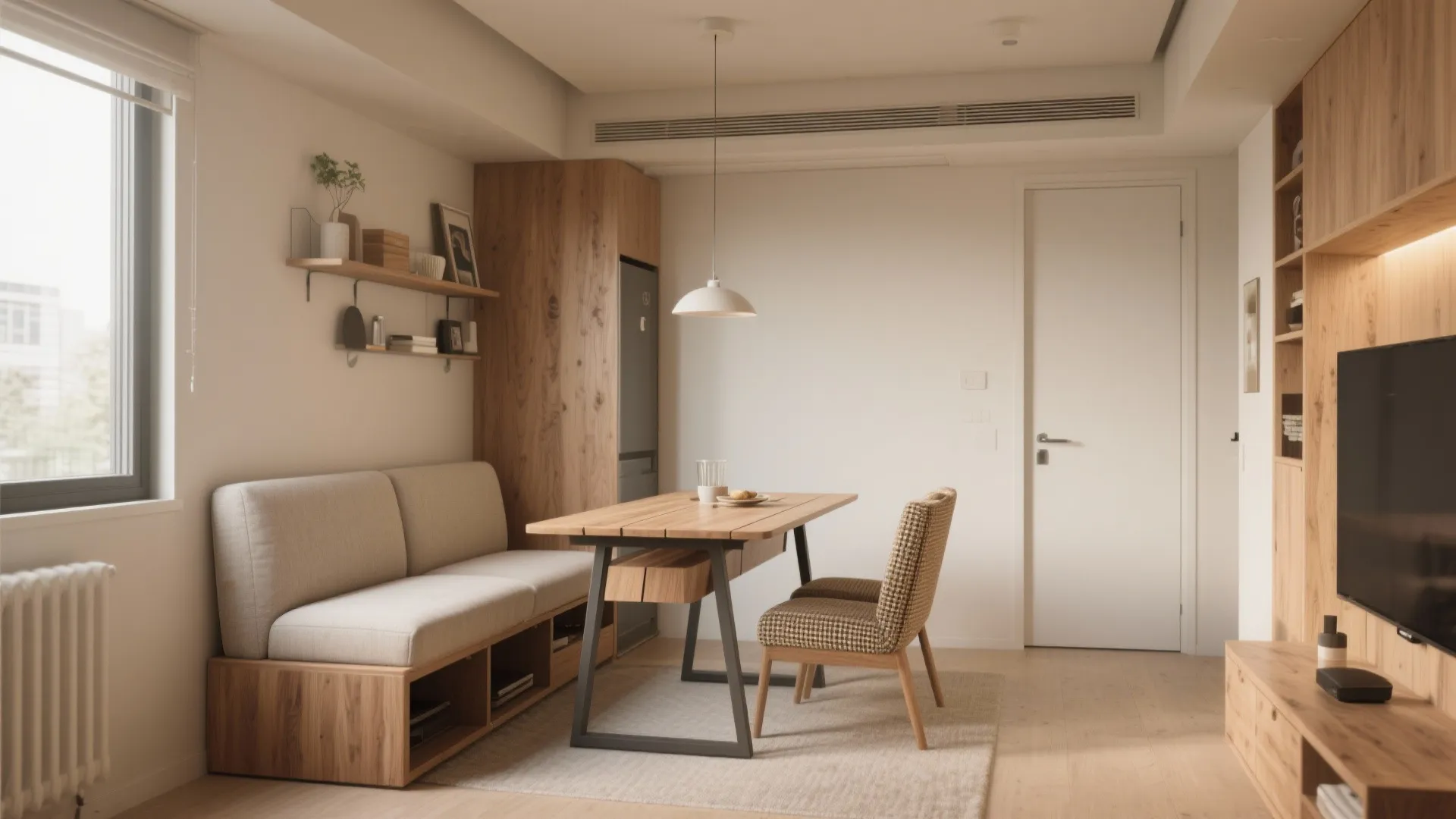 Narrow loveseat opposite a drop-leaf table and storage bench demonstrating multifunctional small-space layout.