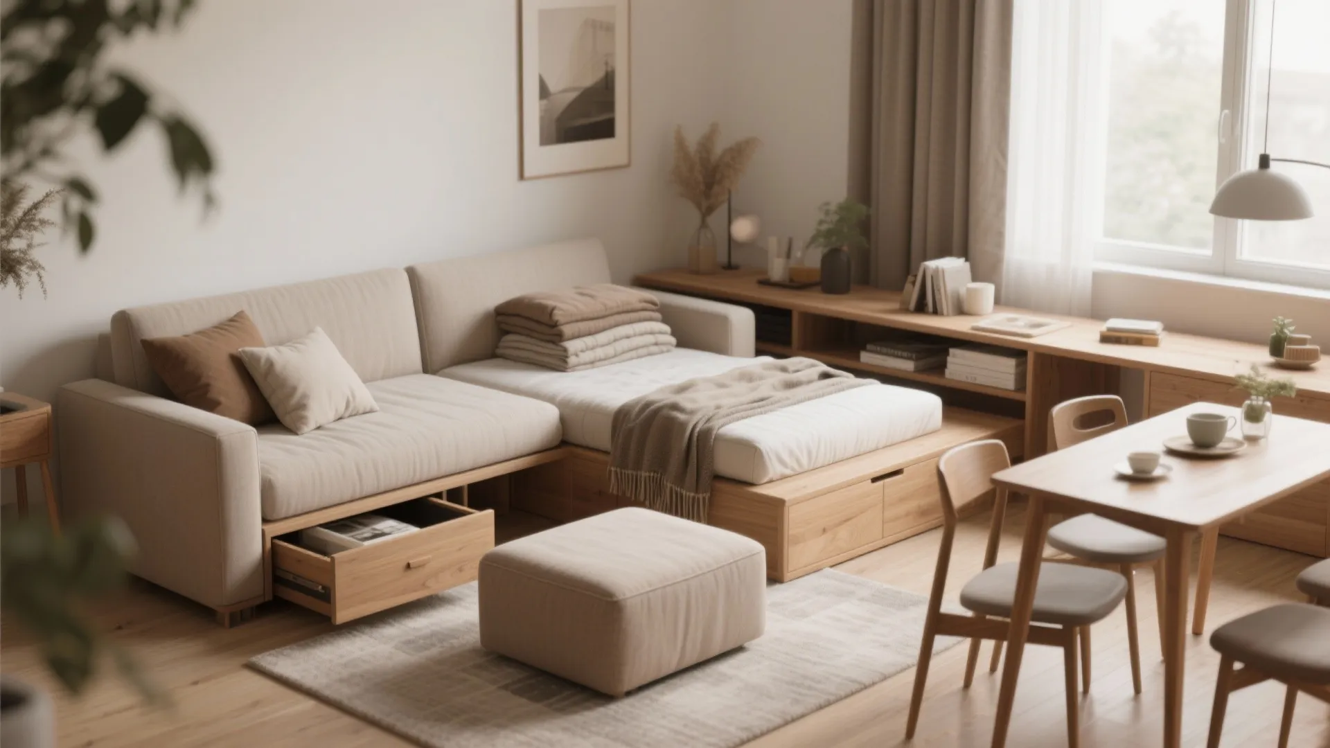 Beige sofa bed with open wooden storage drawer beside dining table in a bright room