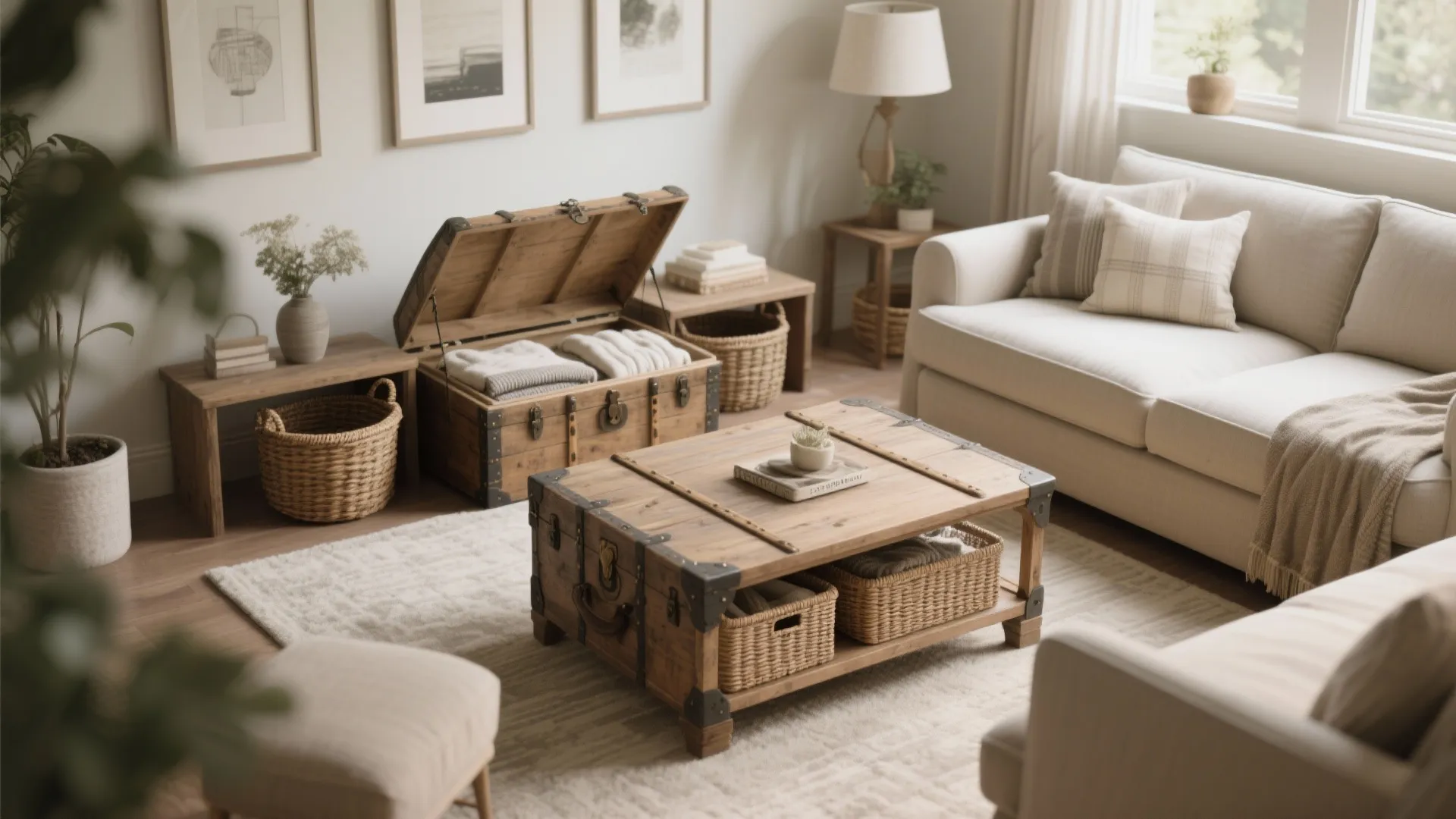 Neutral living room with cream sofa, wooden storage trunks, wicker baskets, wall art, and rug