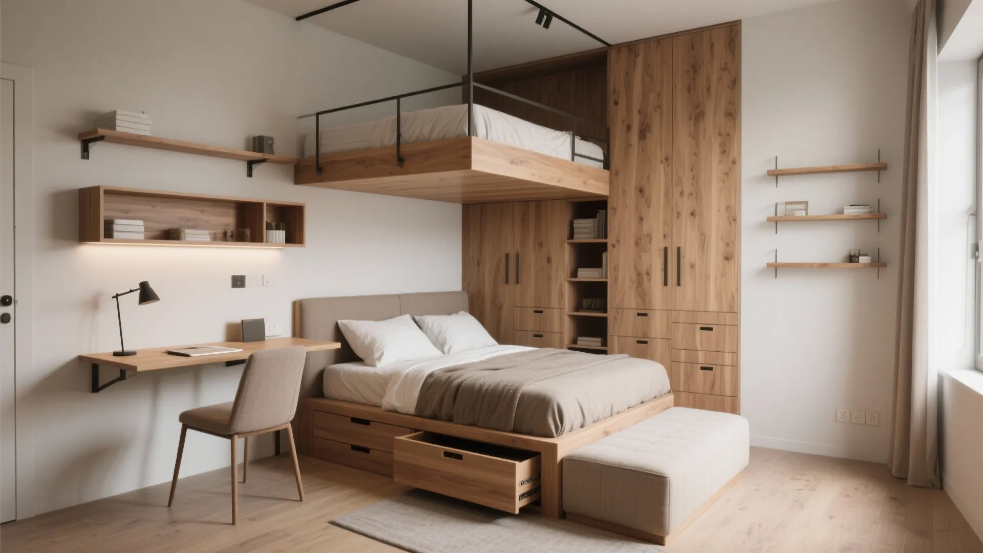 Modern bedroom with a wooden loft bed built in desk storage drawers and white wall shelves