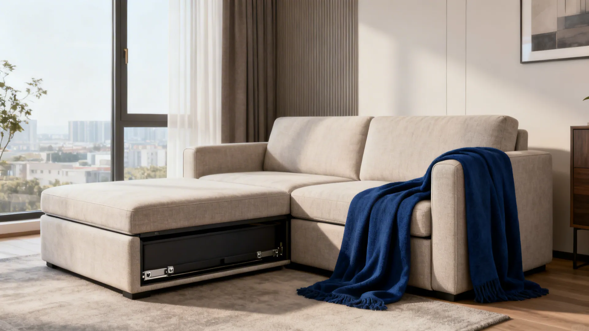 Compact living room with a sleeper loveseat, compact sofa, and storage ottoman.