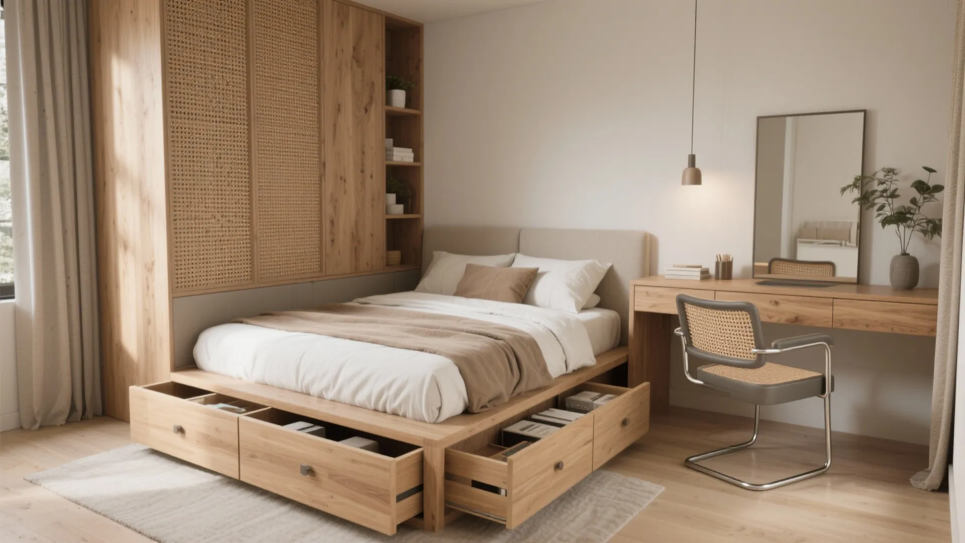 Wooden bed with open storage drawers next to a desk chair mirror and large cabinet