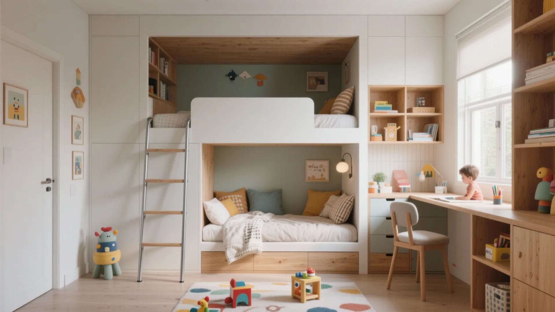Loft bed with built-in desk and play nook maximizing a small children's room.