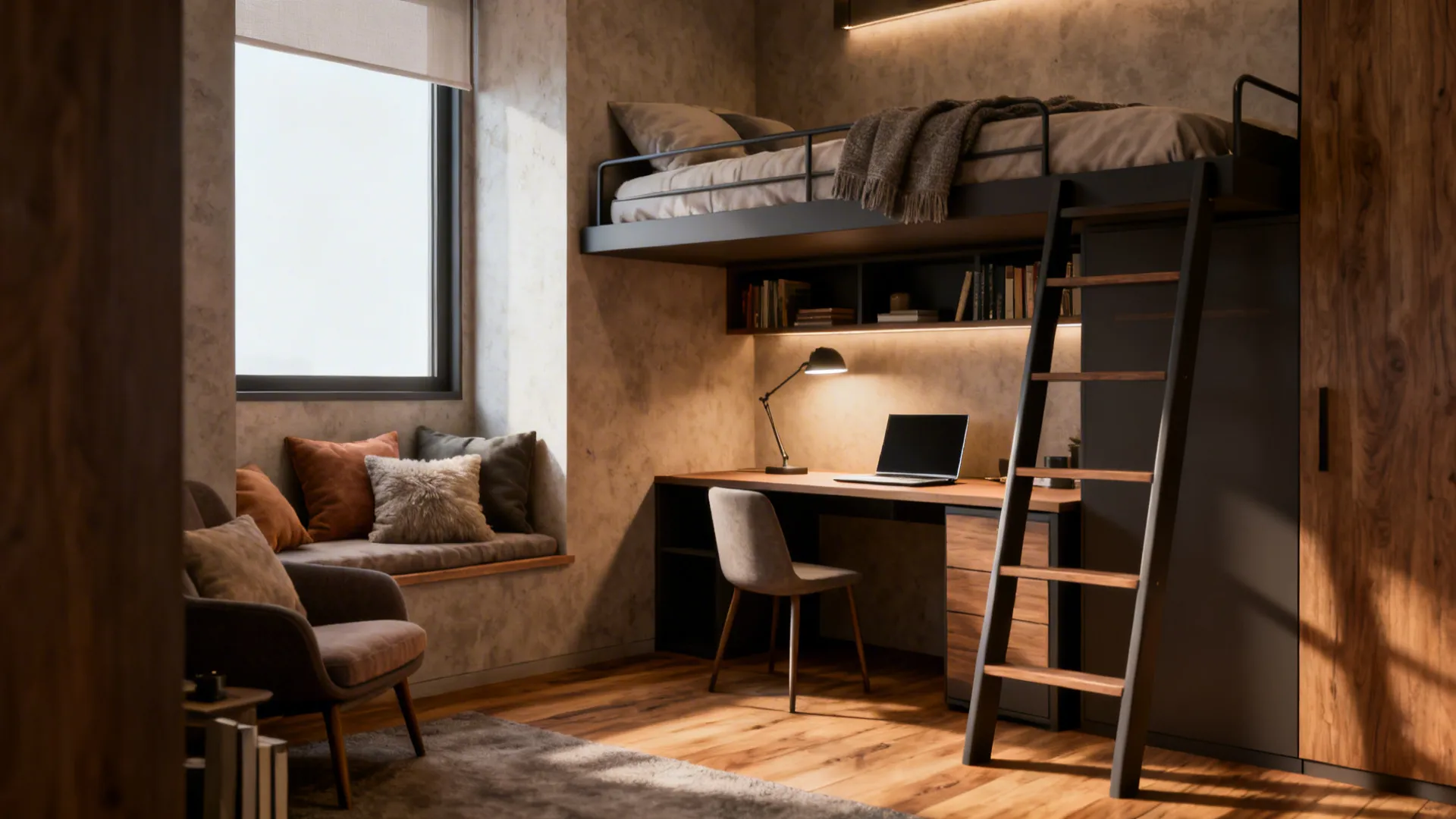 Loft bed with desk underneath in a small room, maximizing floor space.