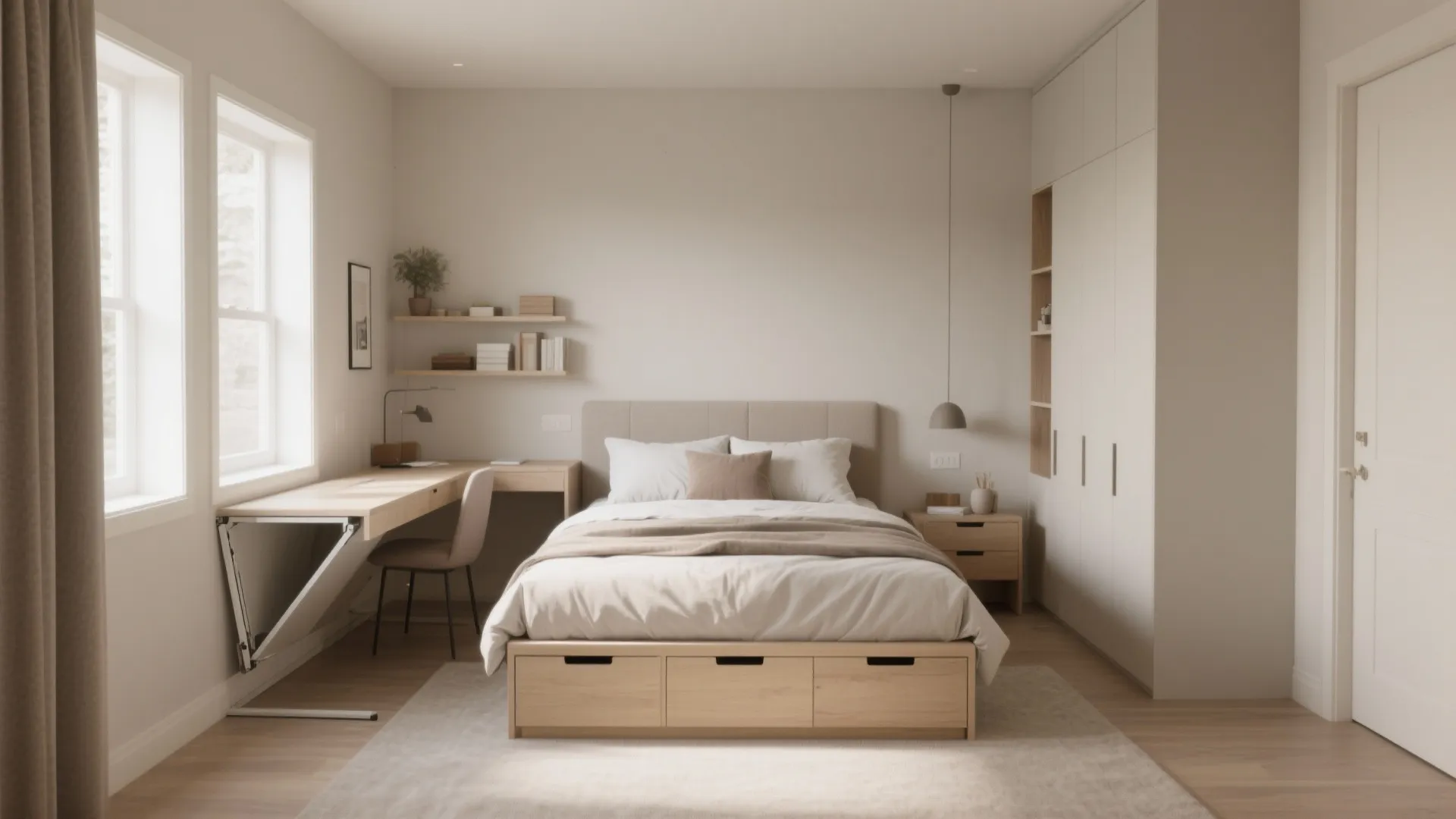 Small bedroom layout featuring a bed with drawers built in desk and white storage cabinet