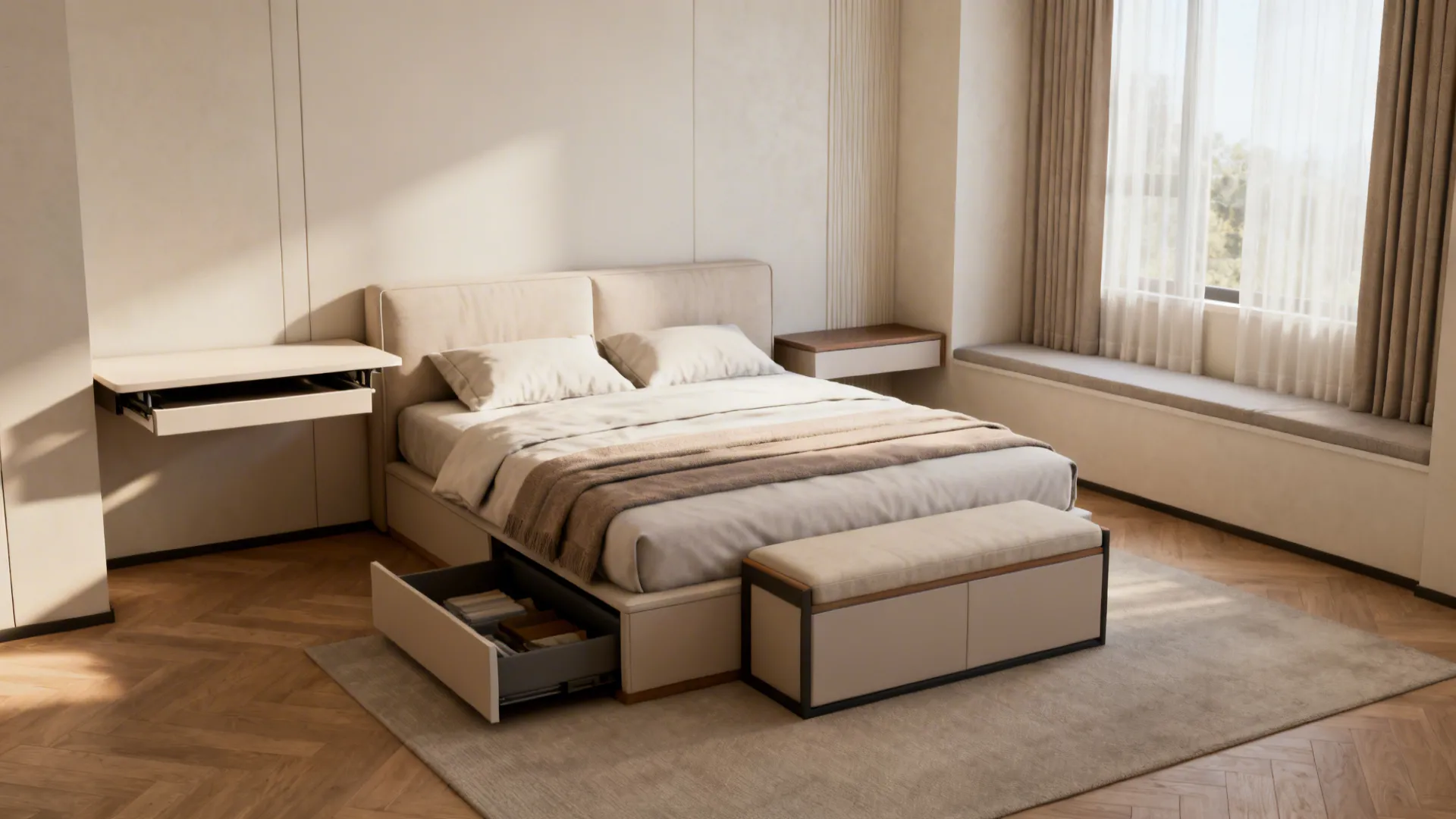 King bed with a bench at the foot, fold-down desk, and narrow console doubling as bedside table