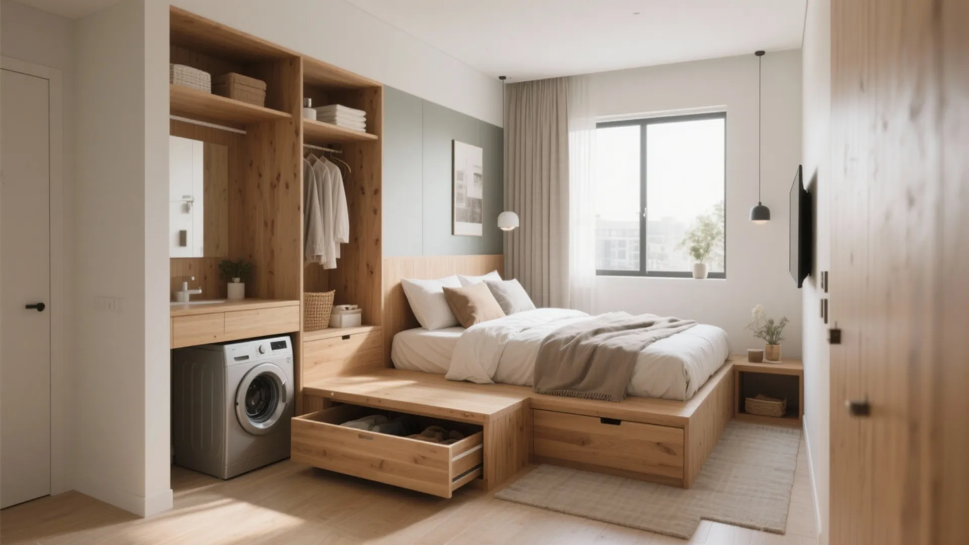 Small bedroom featuring wooden platform bed with storage drawers washing machine and built in cabinet