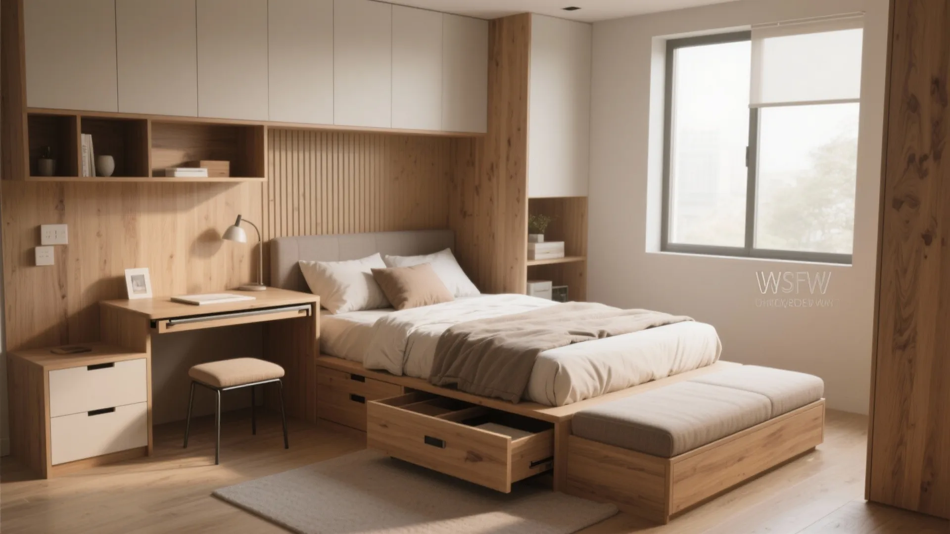 Functional wooden bedroom set with integrated desk stool wall cabinets and bed featuring built-in storage