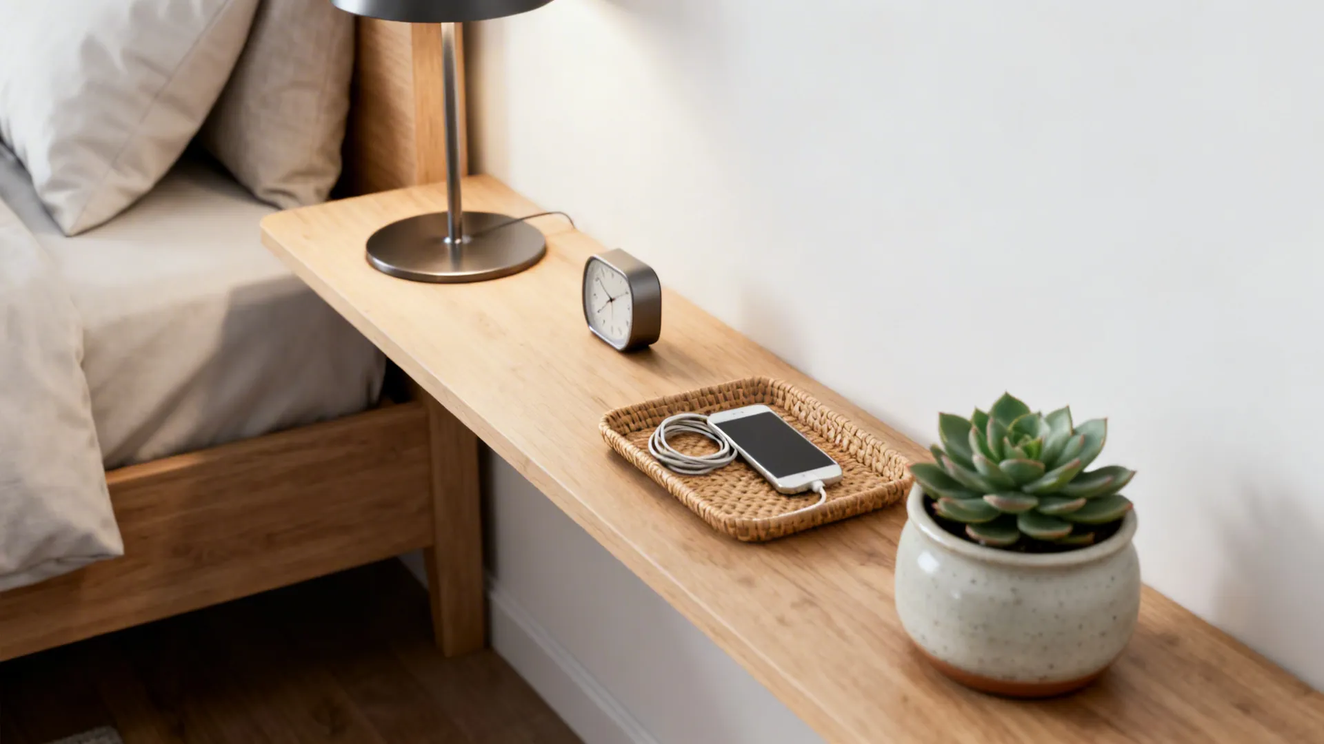 Slim multifunctional bedside shelf with lamp, clock, charging tray and plant.