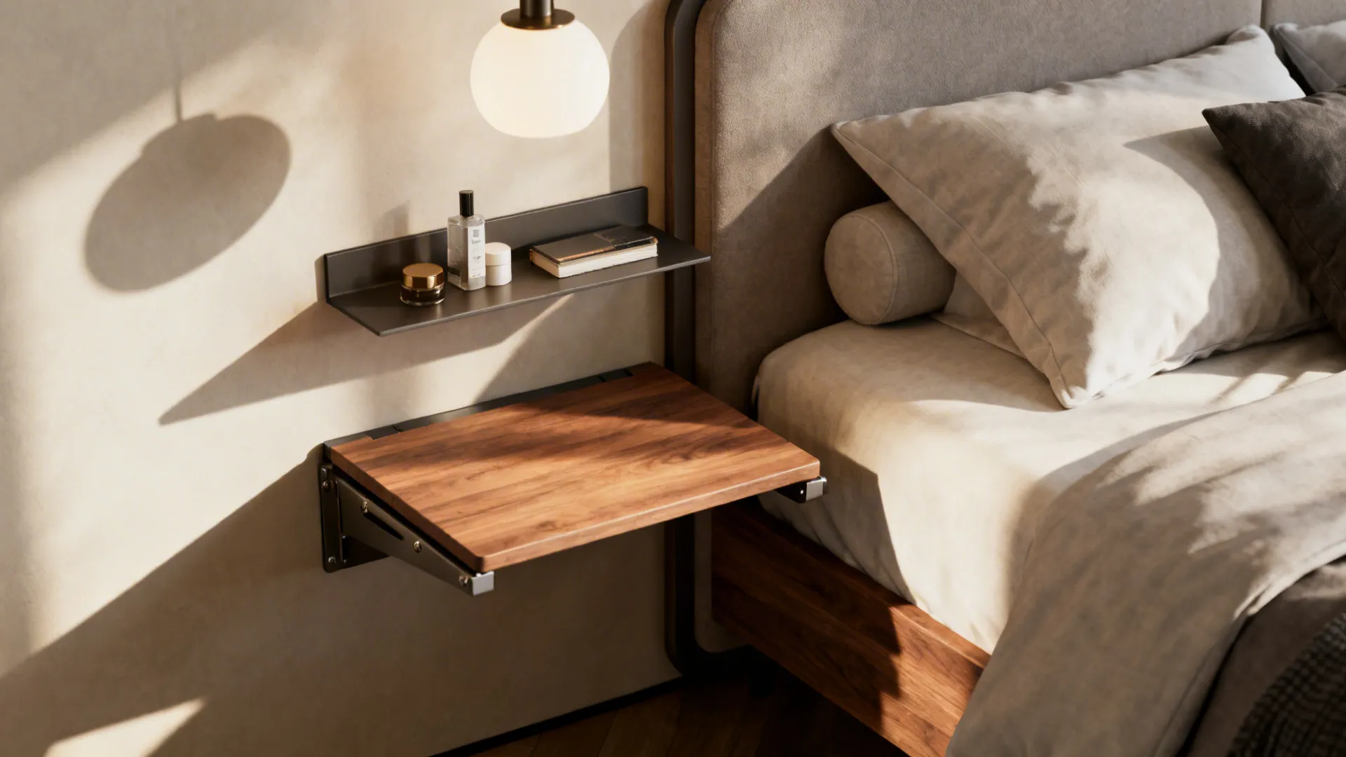 Fold-down side table and floating shelf used as space-saving bedside solutions