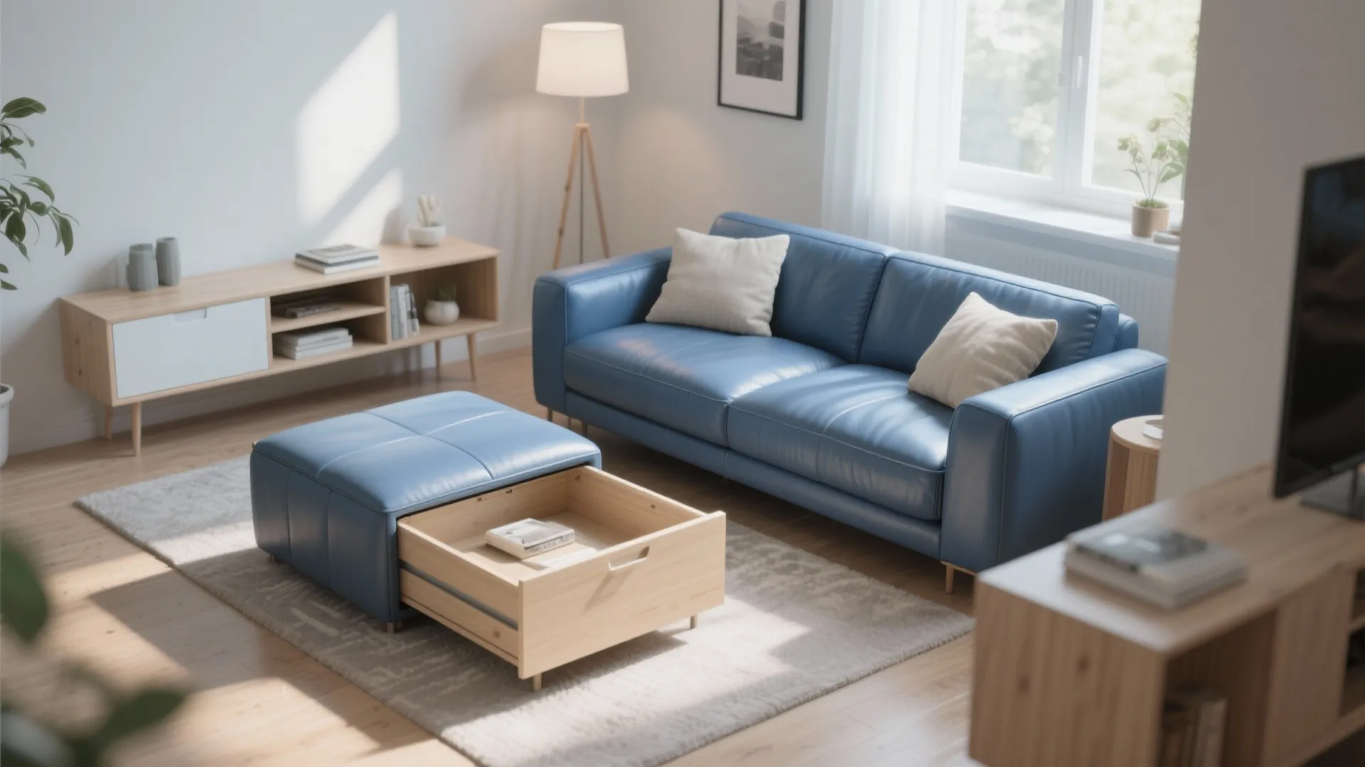 Modern living room featuring a blue leather sofa with footrest storage and light wood cabinet