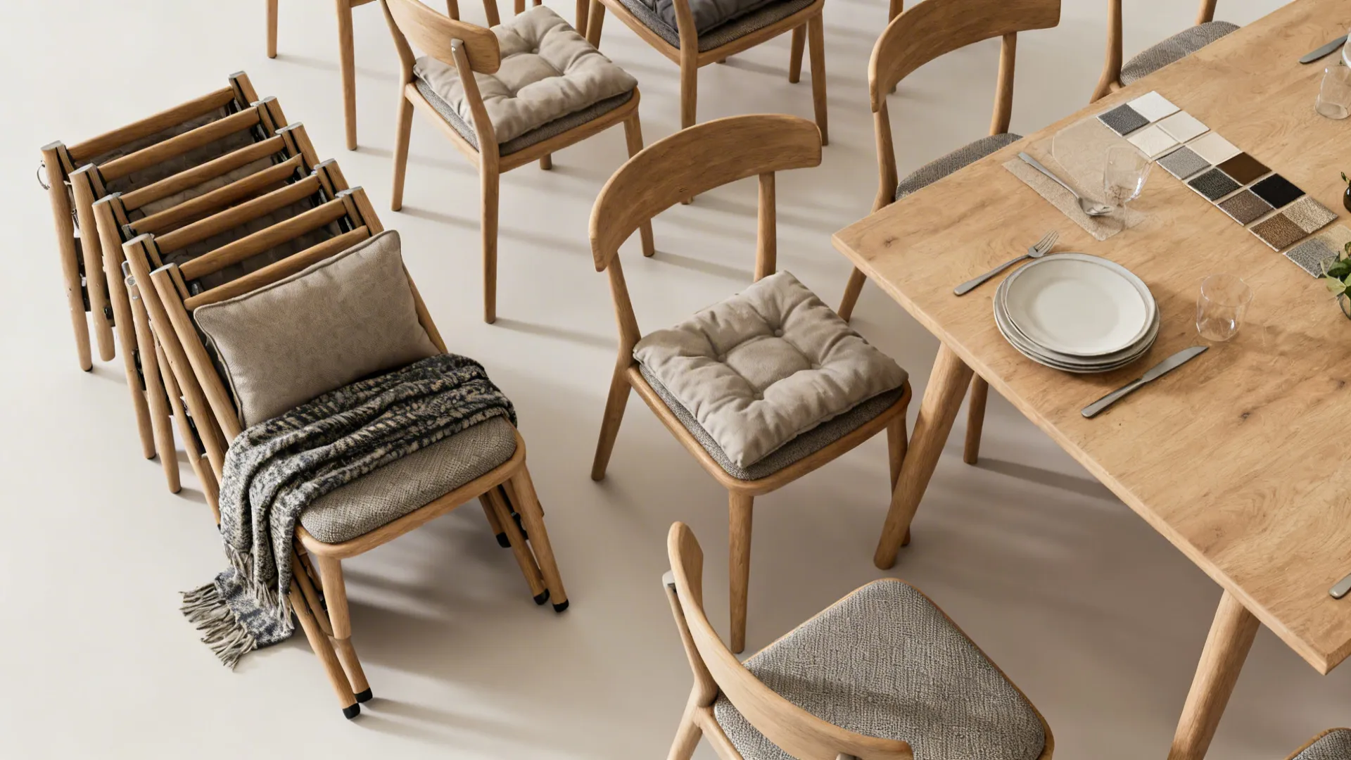Top-down flatlay of multifunctional slim chairs, cushions, and throws showing stackable and dining-use options