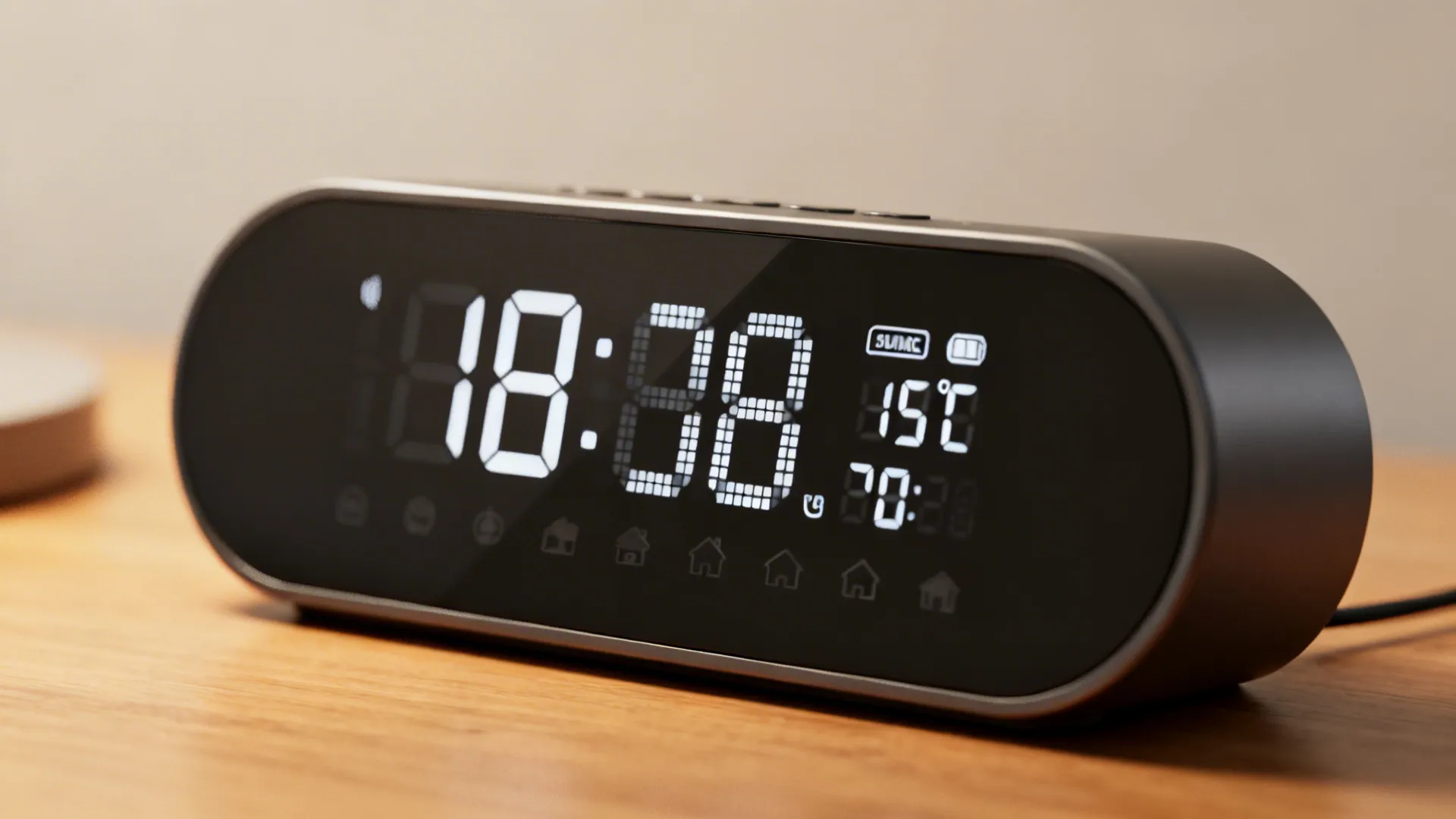 Close-up of a multifunctional digital clock showing time, temperature, and date with a matte bezel