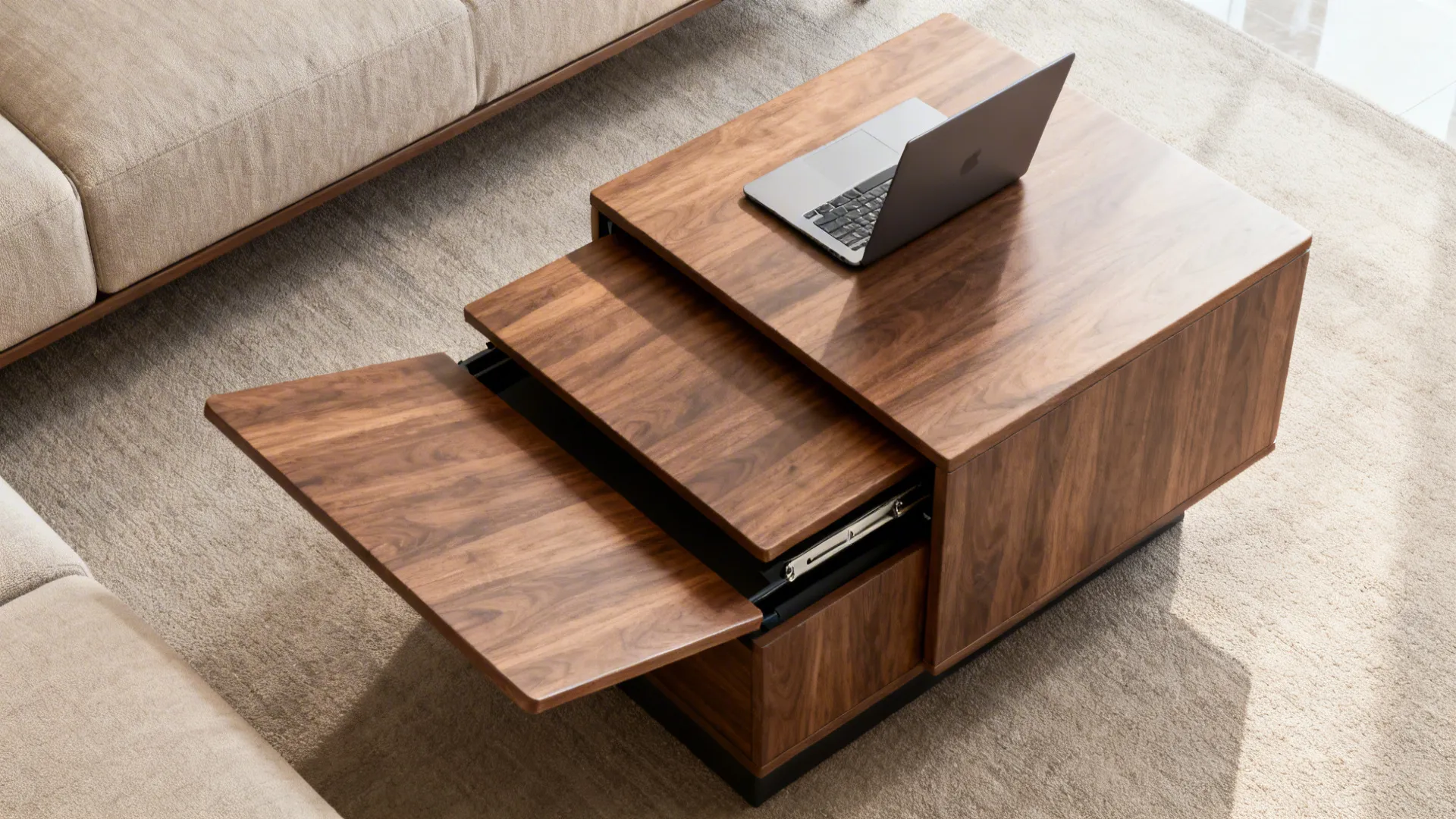 Top-down of a lift-top coffee table and nested tables in a living room setup.