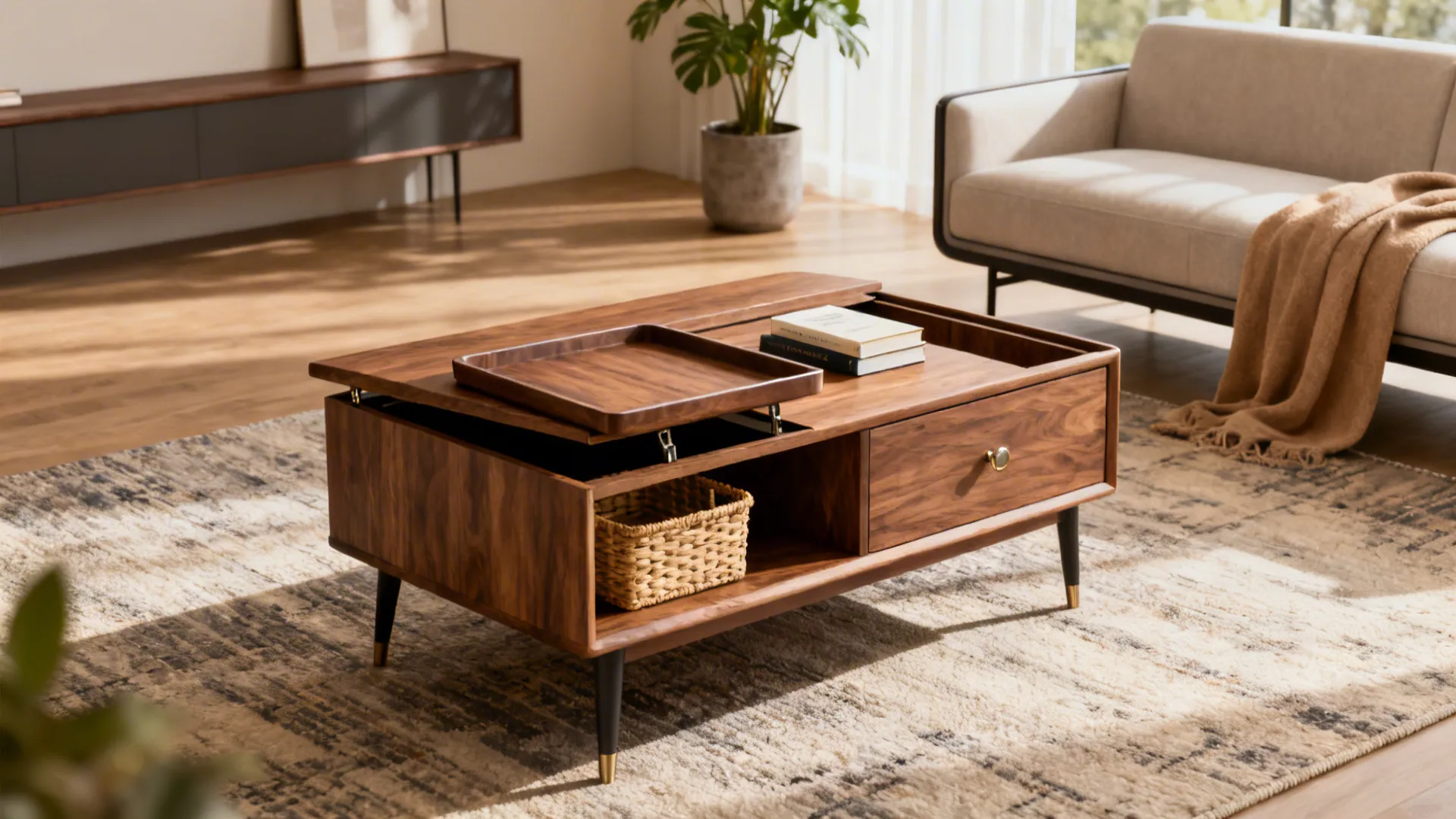 Modern wood coffee table with lift top and drawer storage in a bright living room