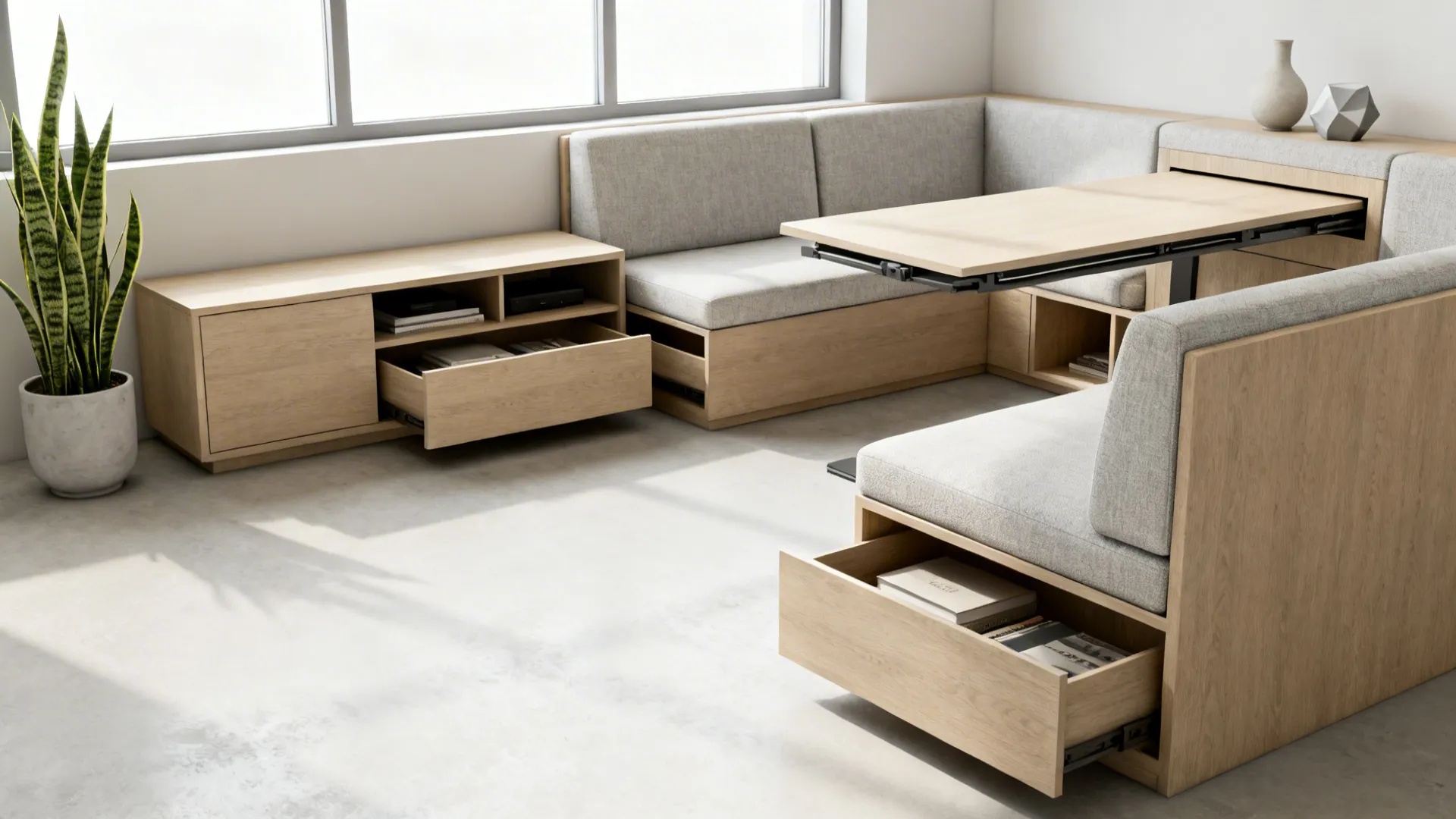Slim media console opposite an L-shaped couch functioning as storage and fold-down desk