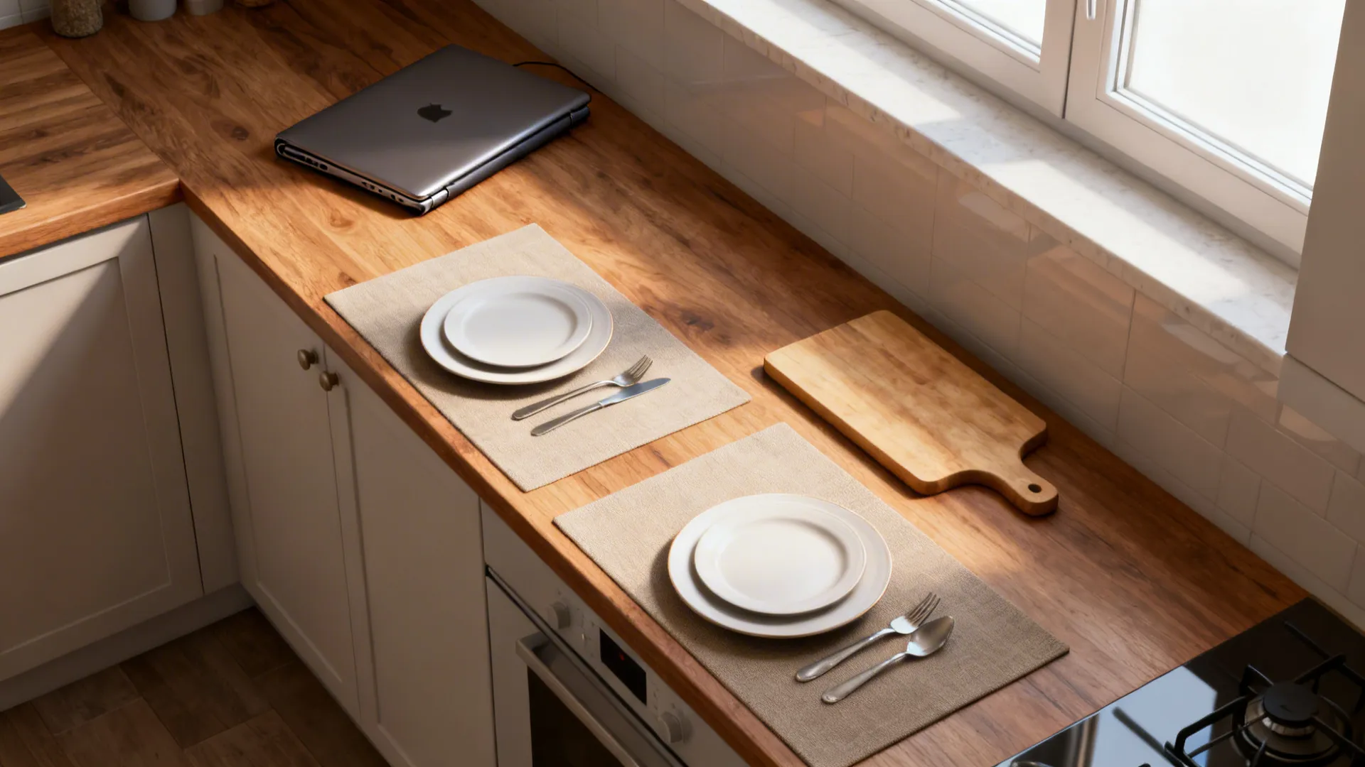 Top-down view of a multifunctional kitchen counter used for prep, dining, and working in a compact space.