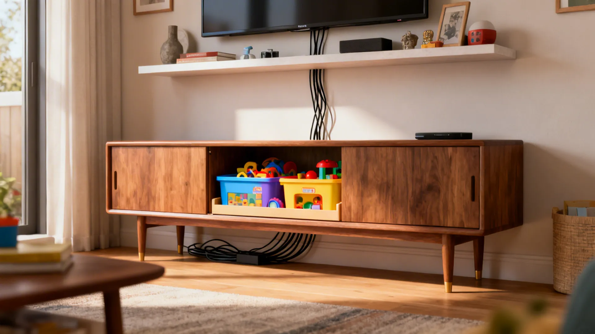 Slim mid-century credenza doubling as media console and toy storage with concealed cables
