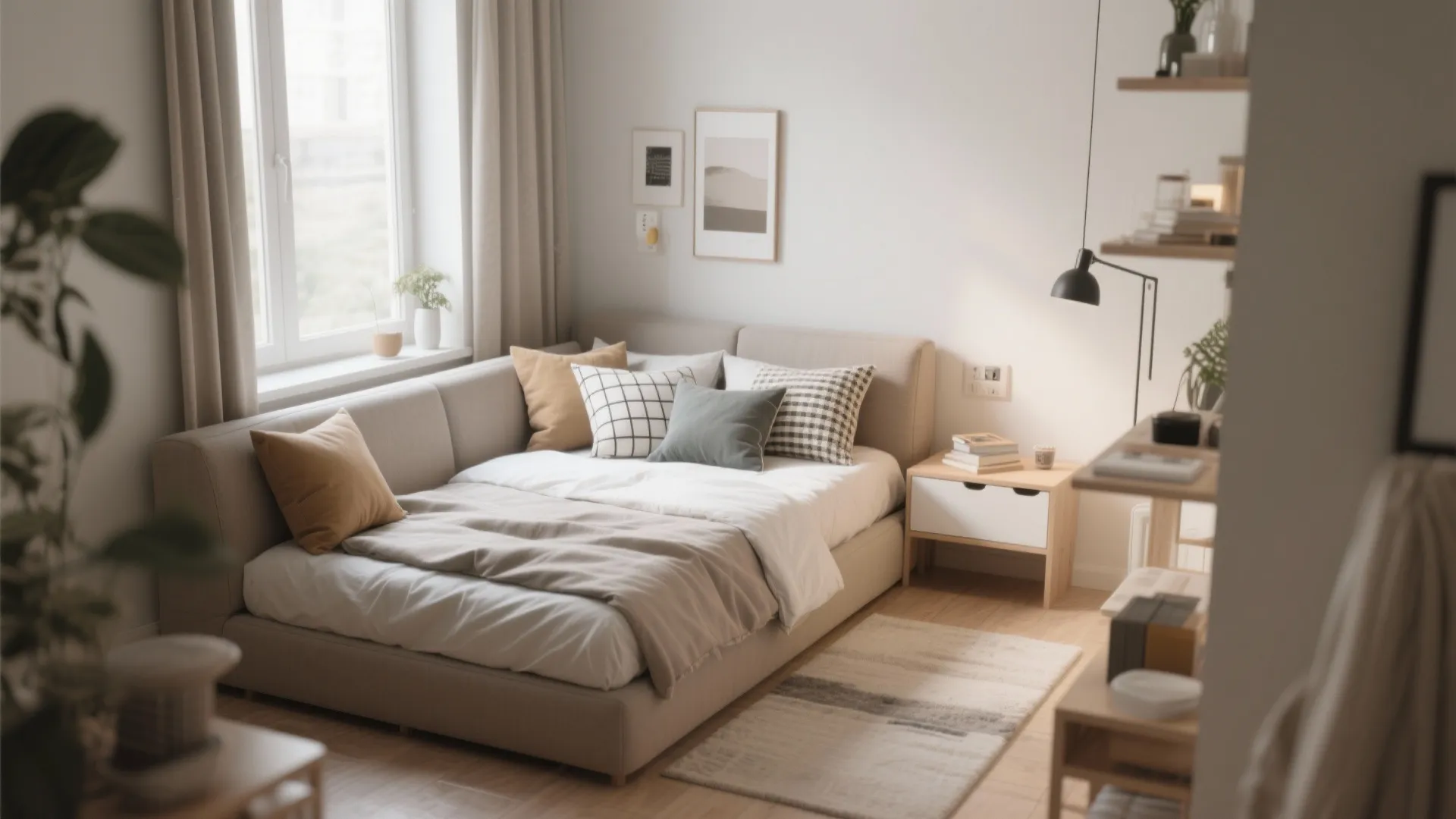 Cozy bedroom featuring a comfortable sofa bed with pillows next to a bright window view