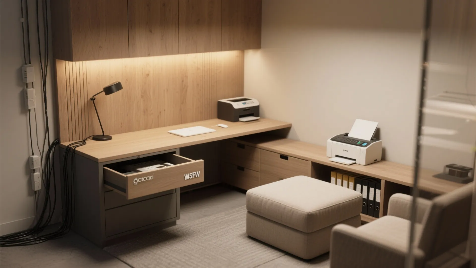 Functional home workspace with wooden desk printers black desk lamp and open storage drawer unit
