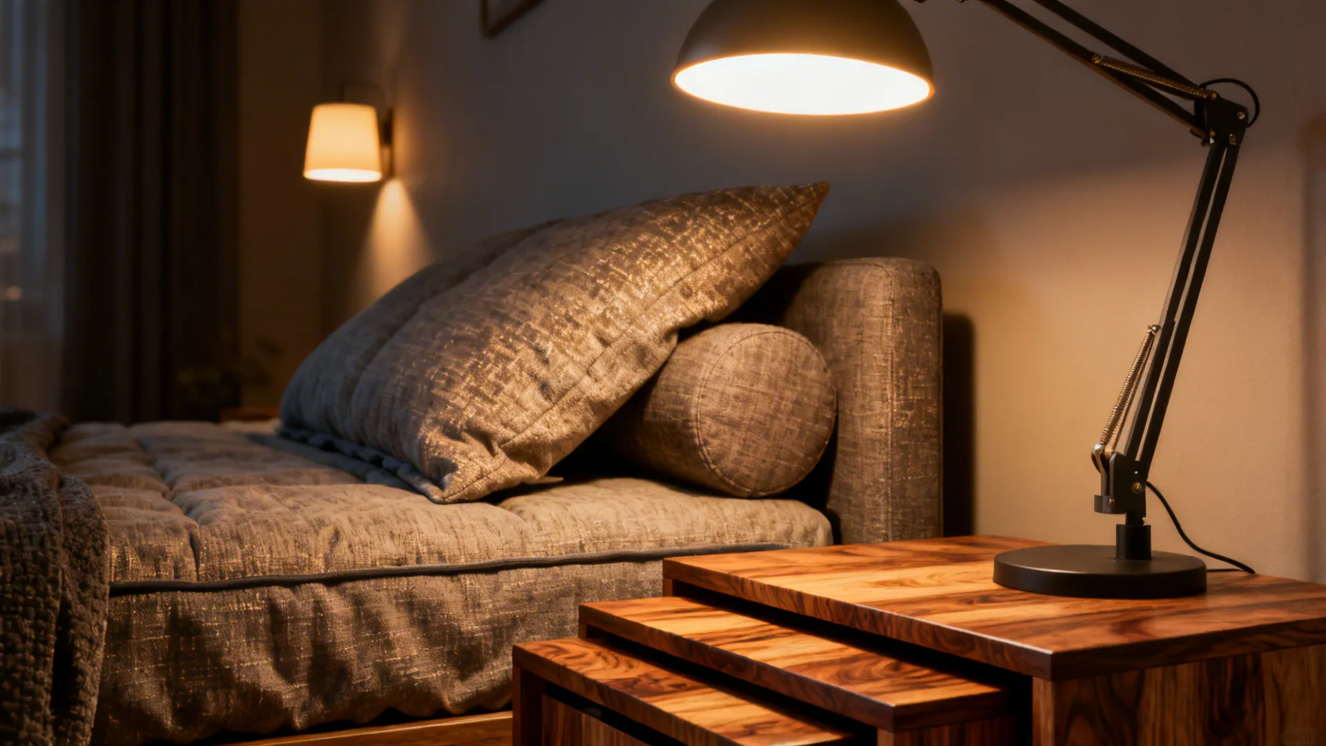Cozy bed with textured pillows next to wooden side tables and a black desk light fixture