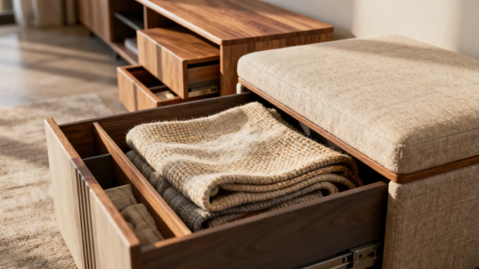 Close-up of multifunctional furniture like a storage ottoman and nesting tables in an open living area.