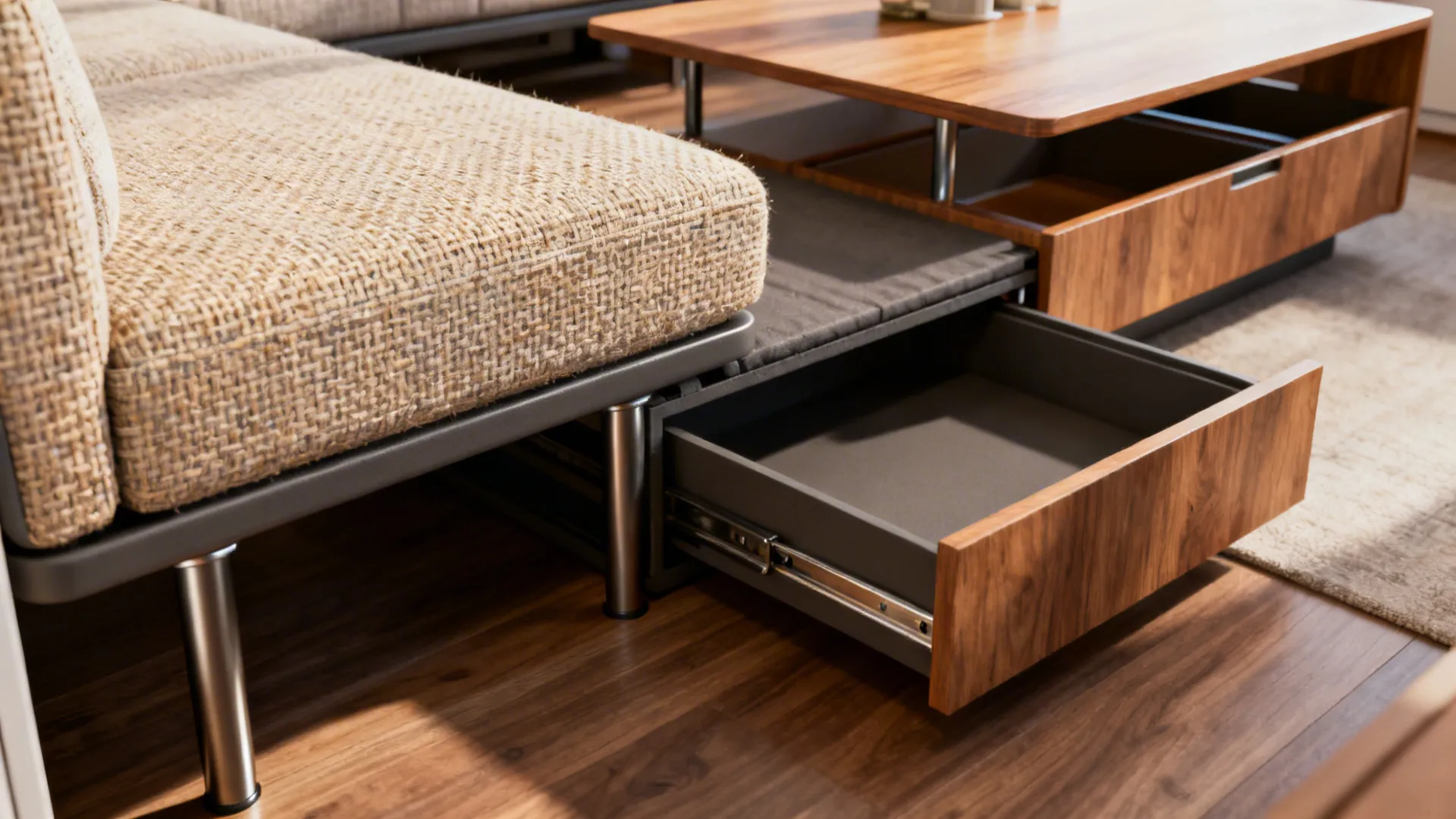 Close-up of a convertible sofa and coffee table with hidden storage in a small living room