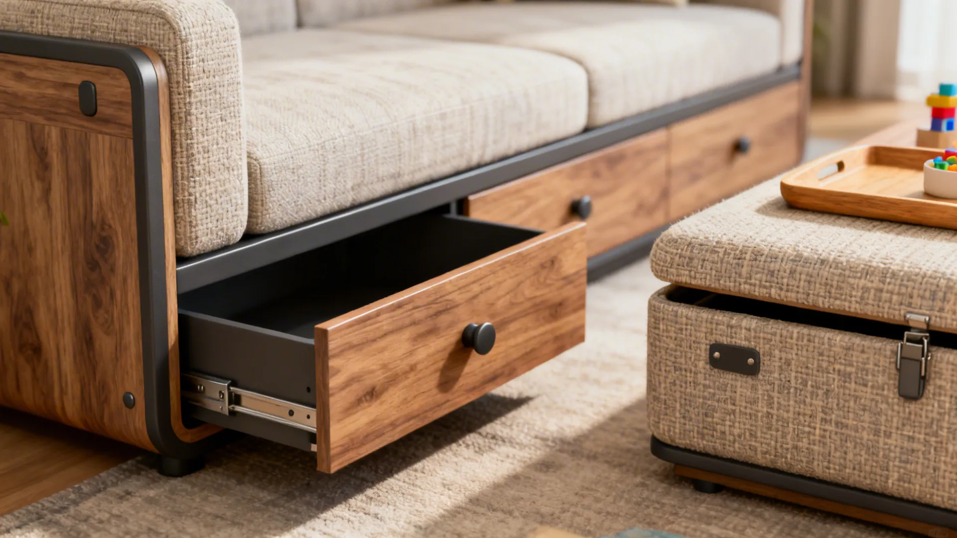 Close-up of a sofa-bed with hidden storage and an ottoman that doubles as a toy box and coffee table.