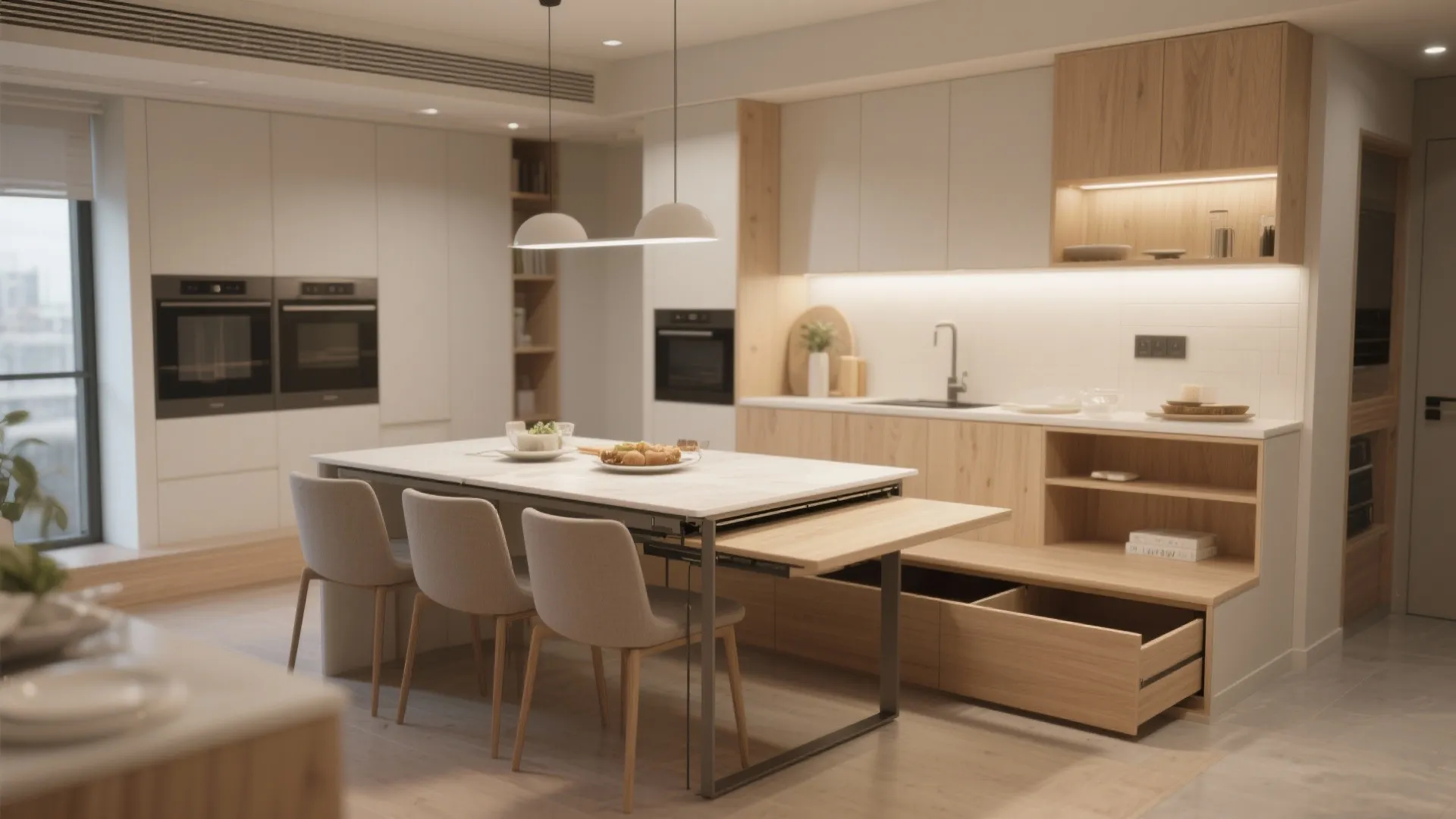 Modern open kitchen with white cabinets wooden drawers marble island ceiling lights and three grey chairs