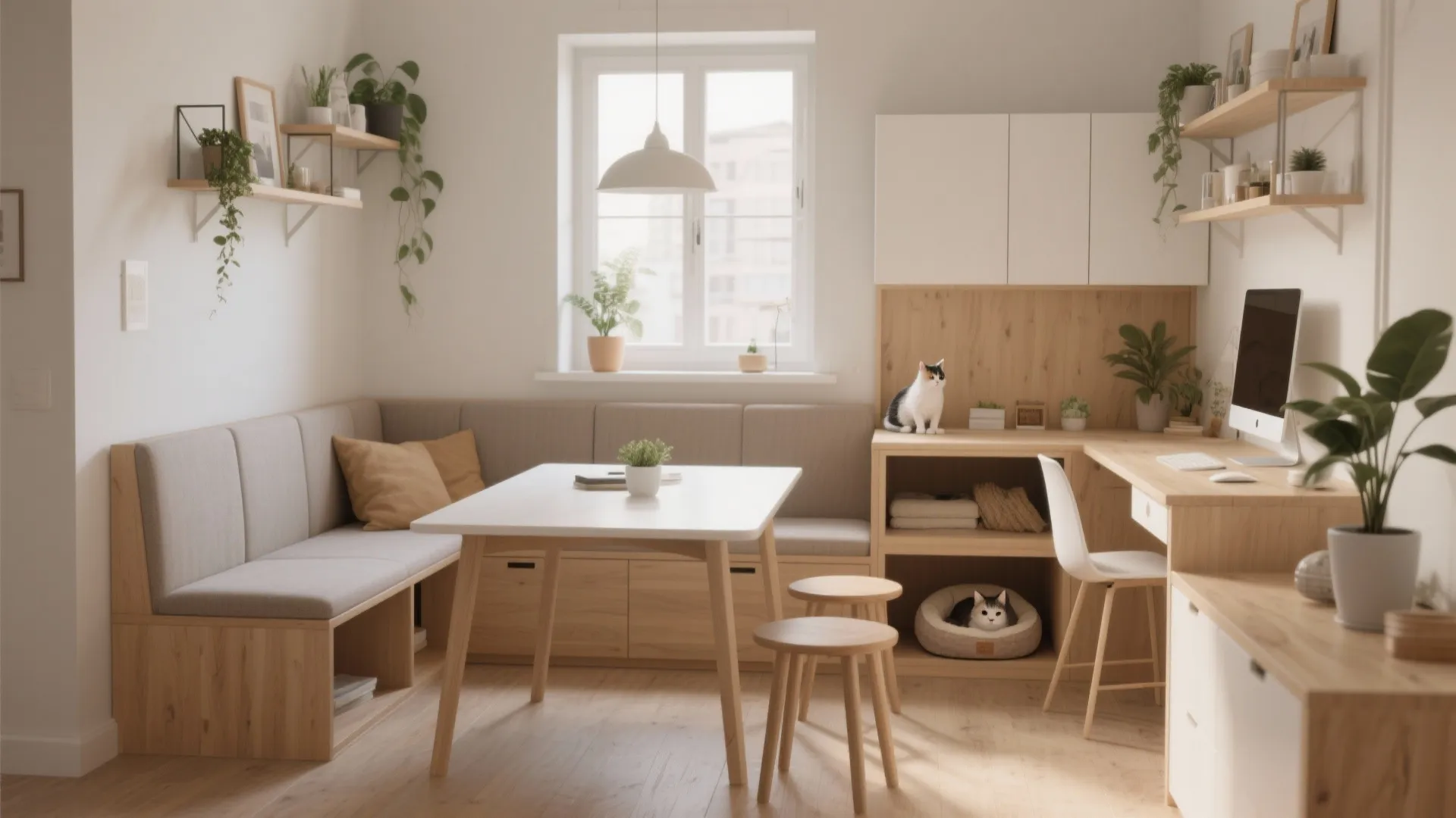 Multifunctional room with corner sofa white table wooden desk shelving plants and small pet bed