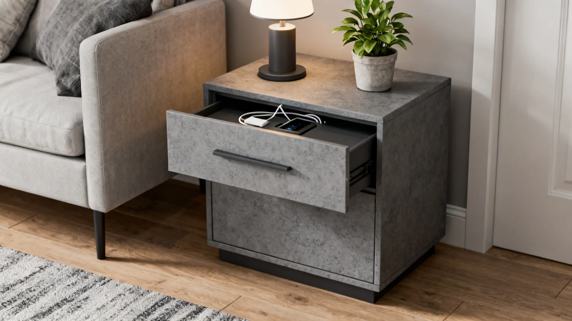 Gray multifunctional end table with drawer and hidden charging access in a small living room