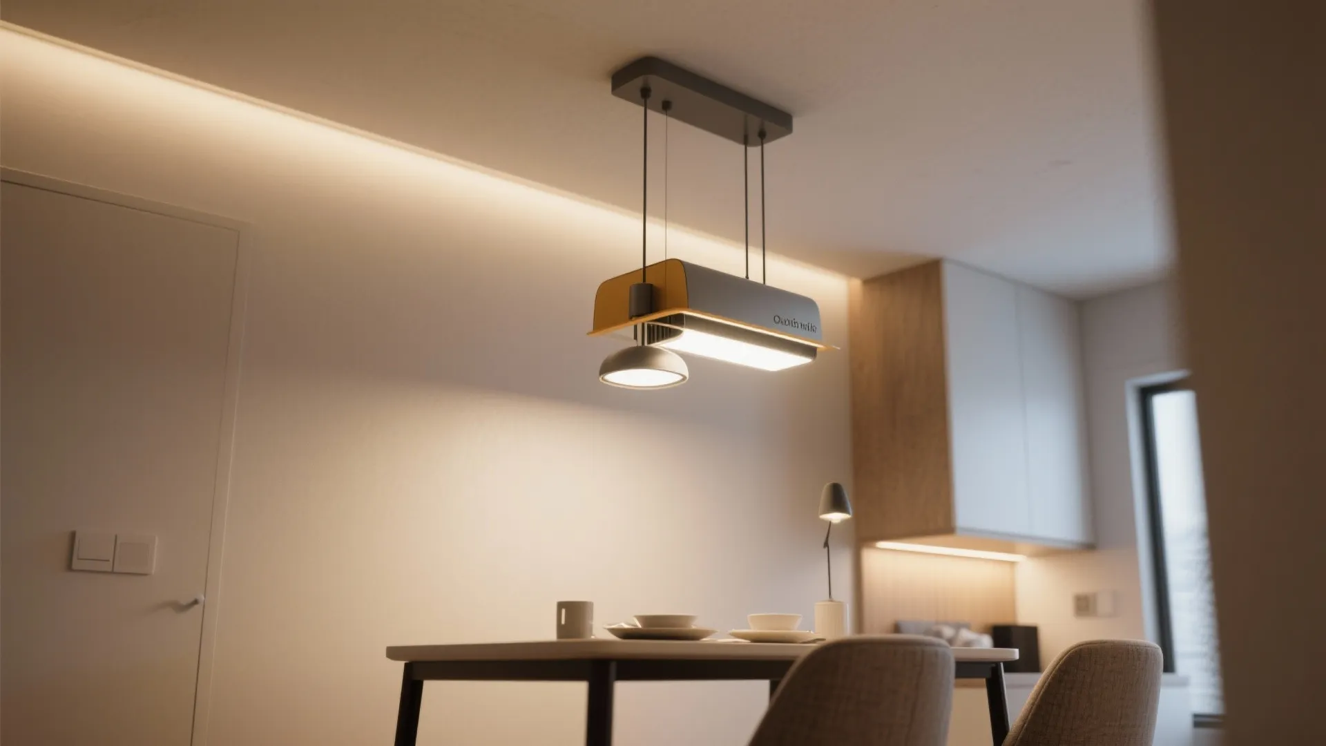Pendant fixture with integrated downlight and uplight in a micro-apartment