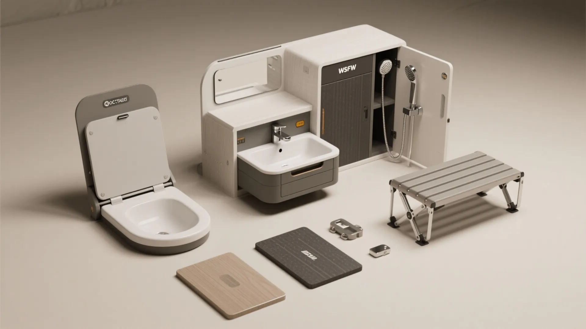 Flatlay of multifunctional fixtures for a camper bathroom including fold-down sink and combo storage.