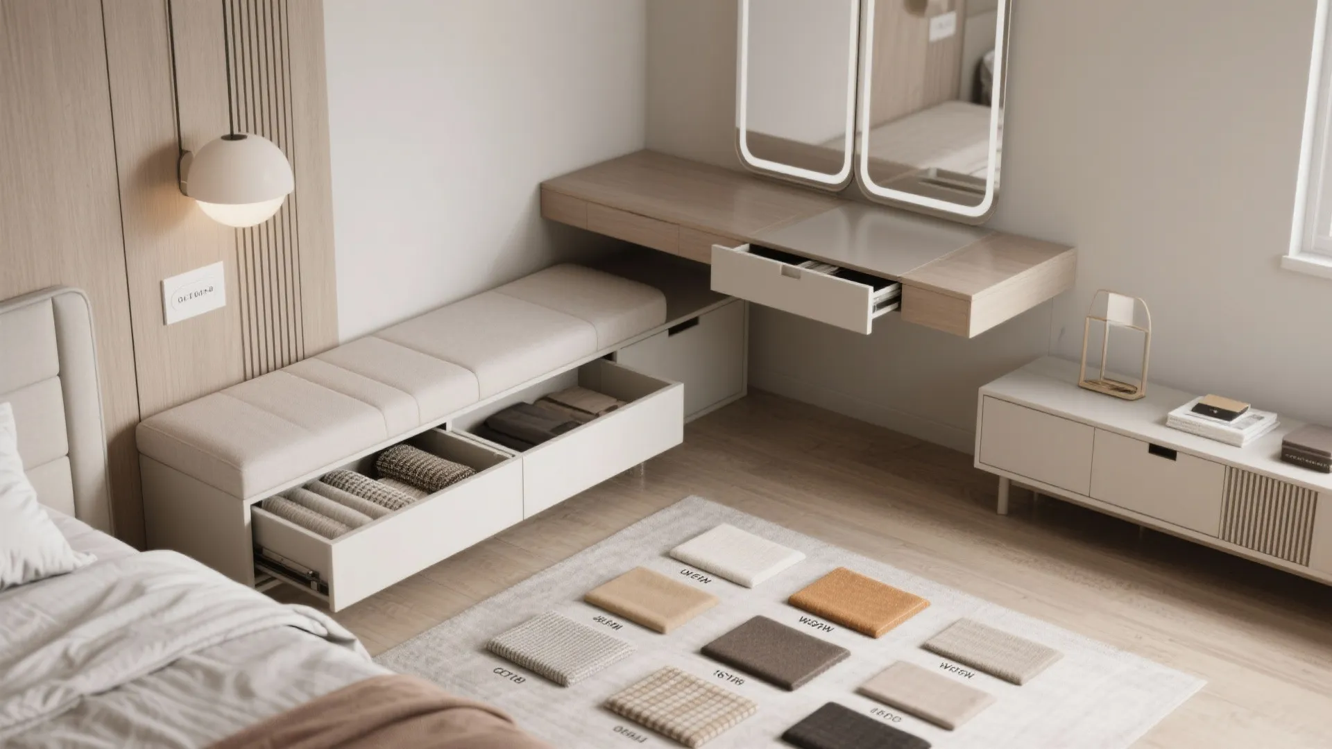 Flatlay of multifunctional bedroom furniture samples including storage bench and fold-down desk
