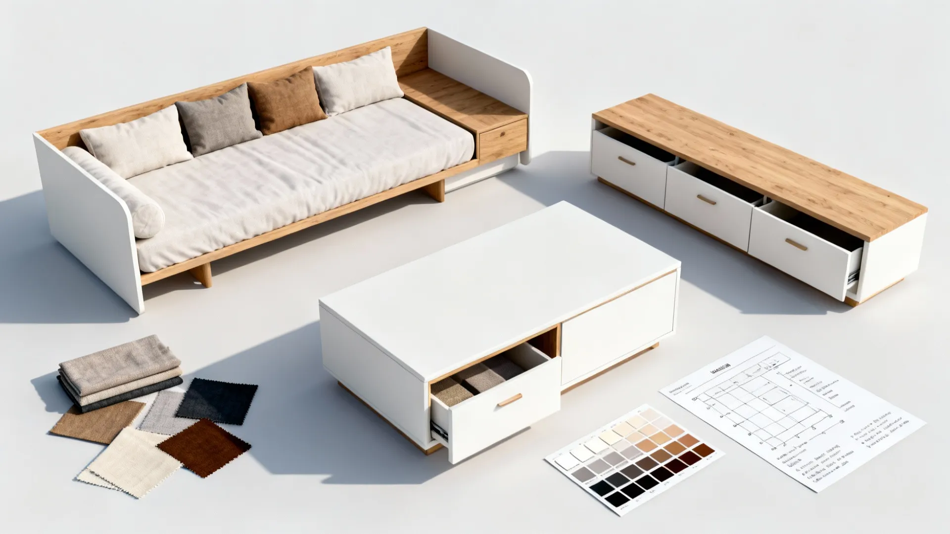 Top-down flatlay of multifunctional living room furniture, materials and swatches