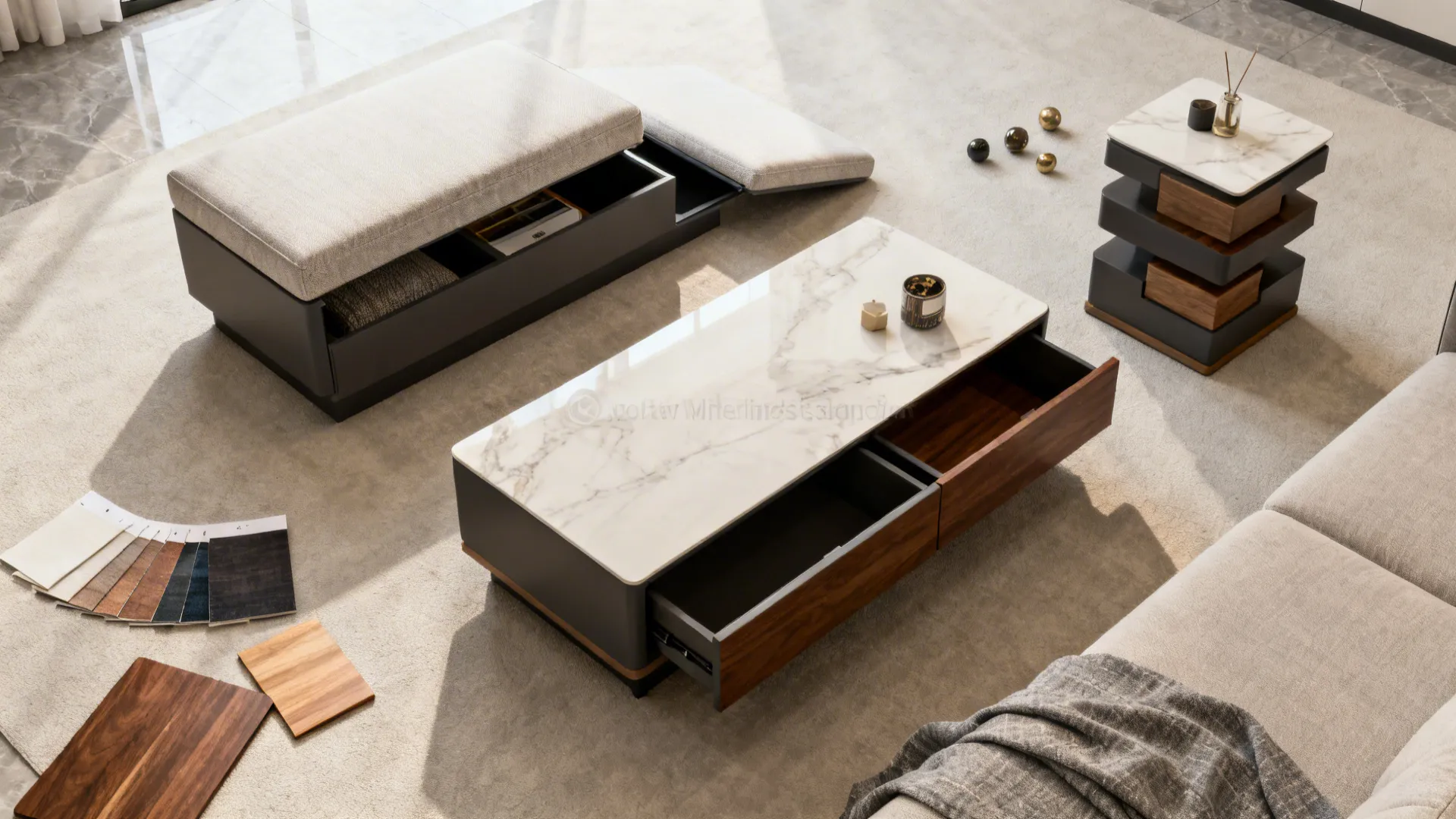 Top-down view of multifunctional ottoman, storage coffee table, and material swatches.