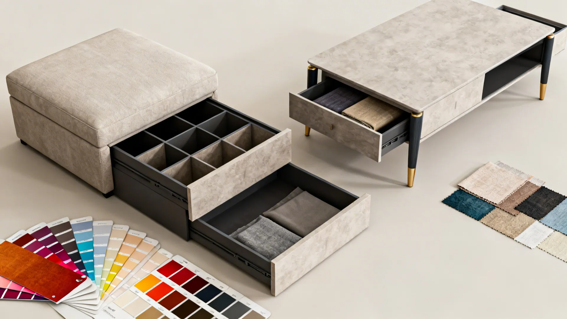 Flatlay showing a storage ottoman, coffee table drawers, and fabric/leg samples.