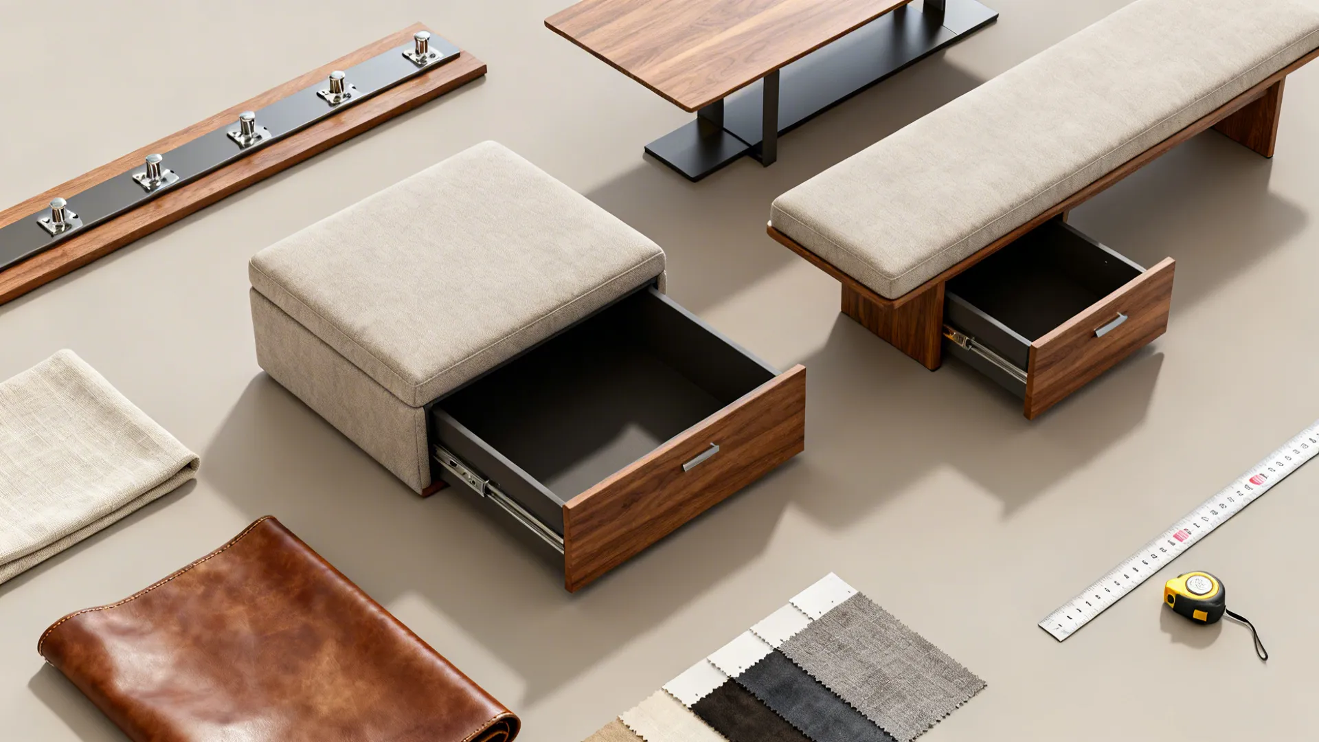 Top-down flatlay of multifunctional furniture pieces showing storage ottoman, convertible coffee table and bench drawer.