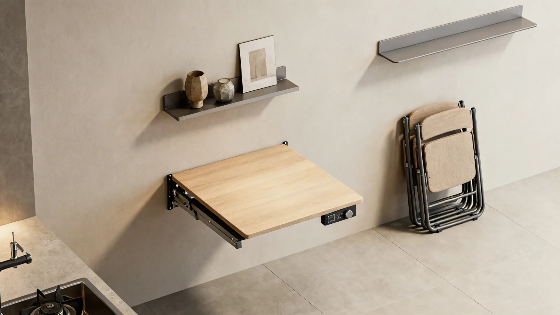 Flatlay of multifunctional wall-mounted table, floating shelves and compact chairs illustrating space-saving solutions.