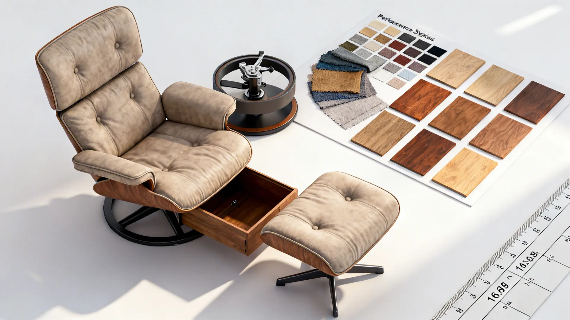 Flatlay of multifunctional accent chair features: ottoman, storage, swivel base and fabric swatches.