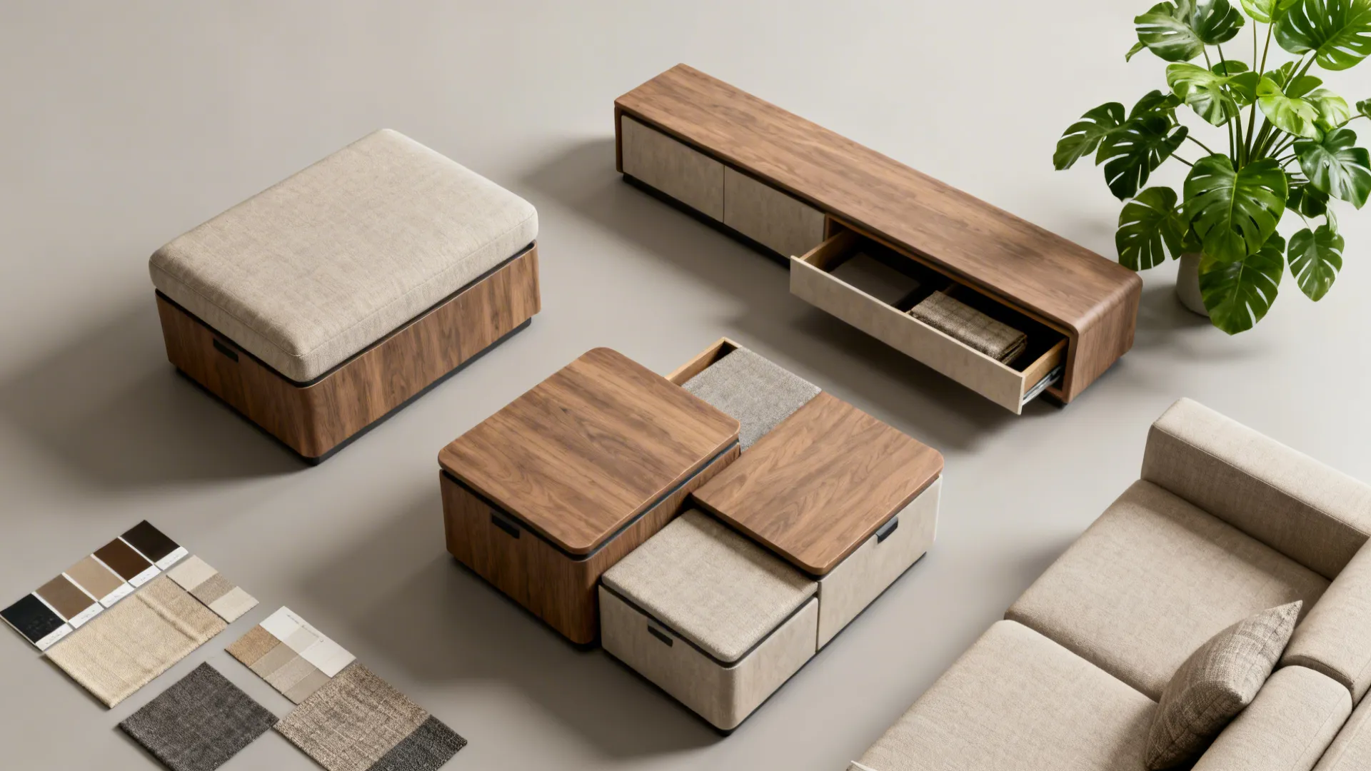 Top-down flatlay of multifunctional furniture pieces like an ottoman, nesting tables, and storage bench.