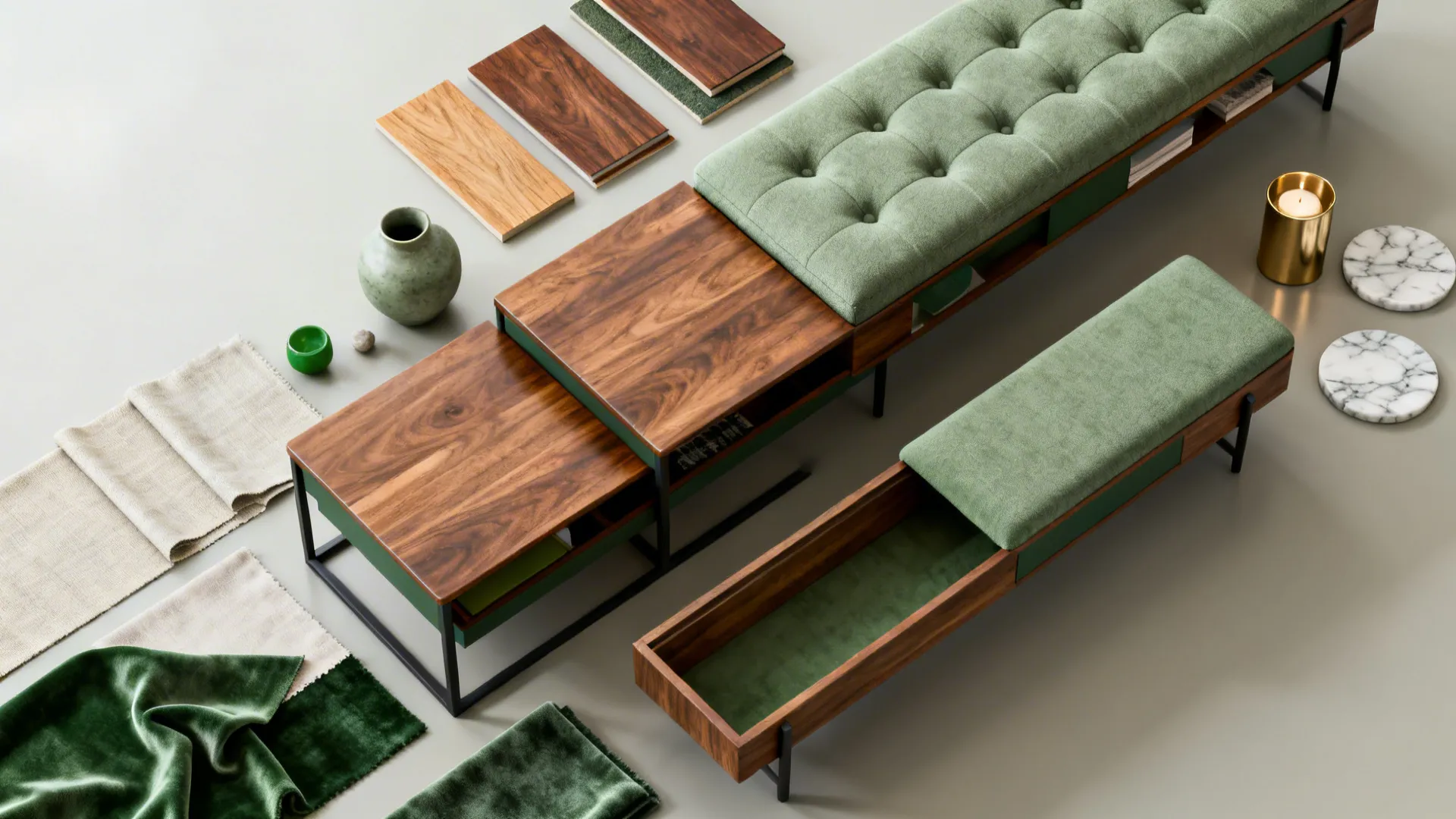 Flatlay of multifunctional scaled furniture pieces and material swatches for narrow rooms.