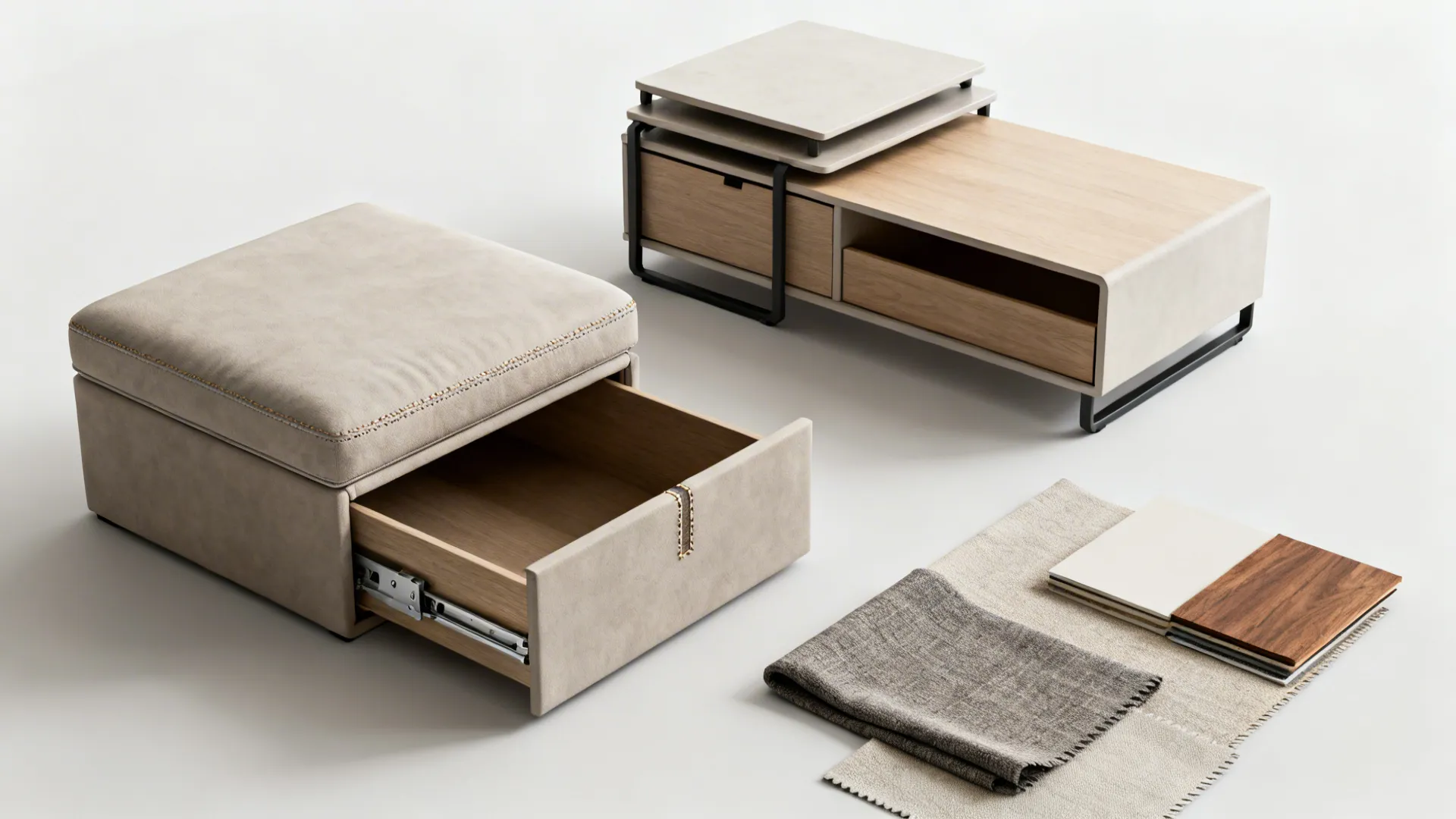 Flatlay of multifunctional furniture pieces: storage ottoman, nesting tables, and a storage bench with material swatches