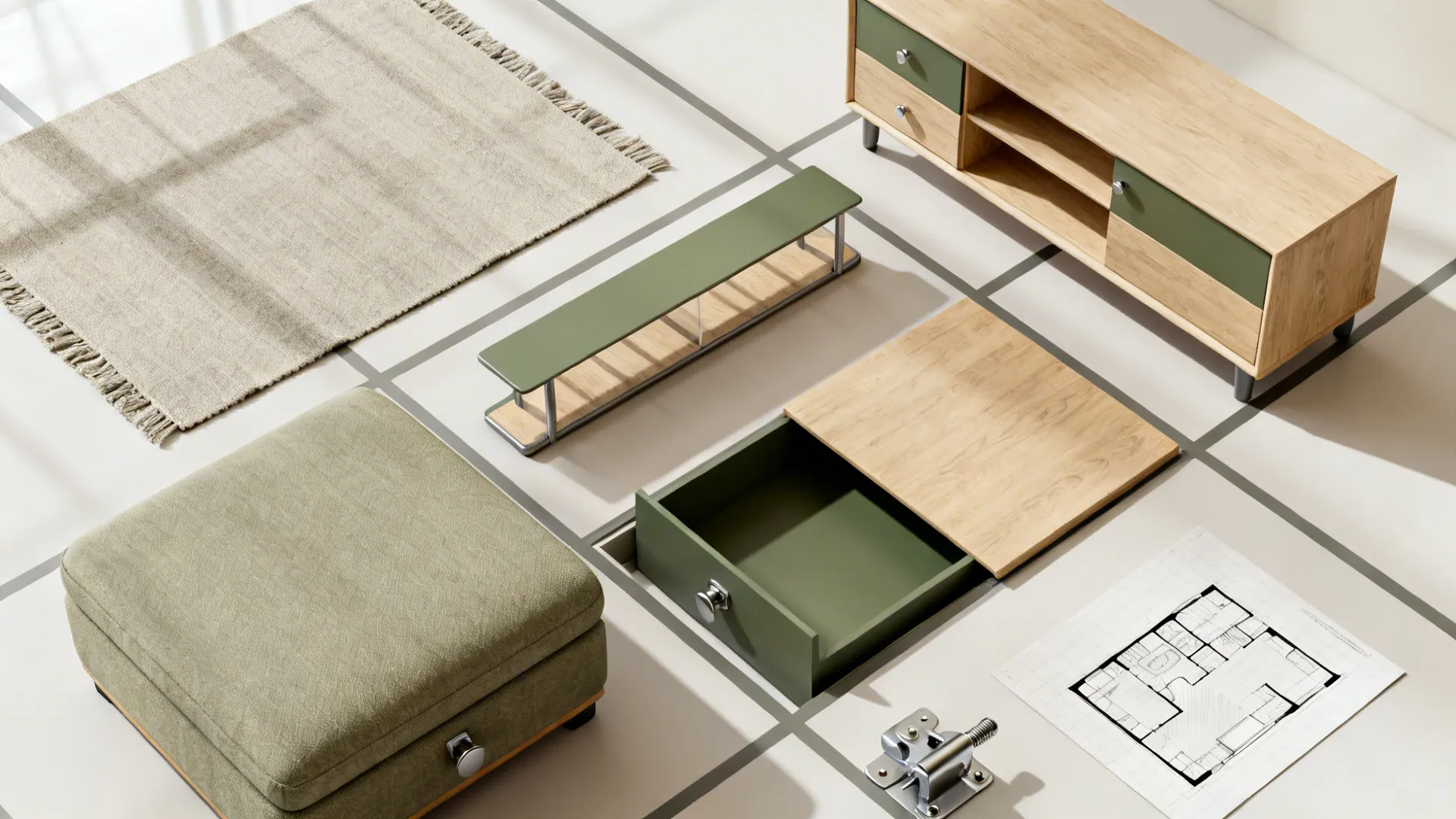 Top-down flatlay of fabric swatch, storage ottoman, slim console sample and floorplan sketch for multifunctional furniture