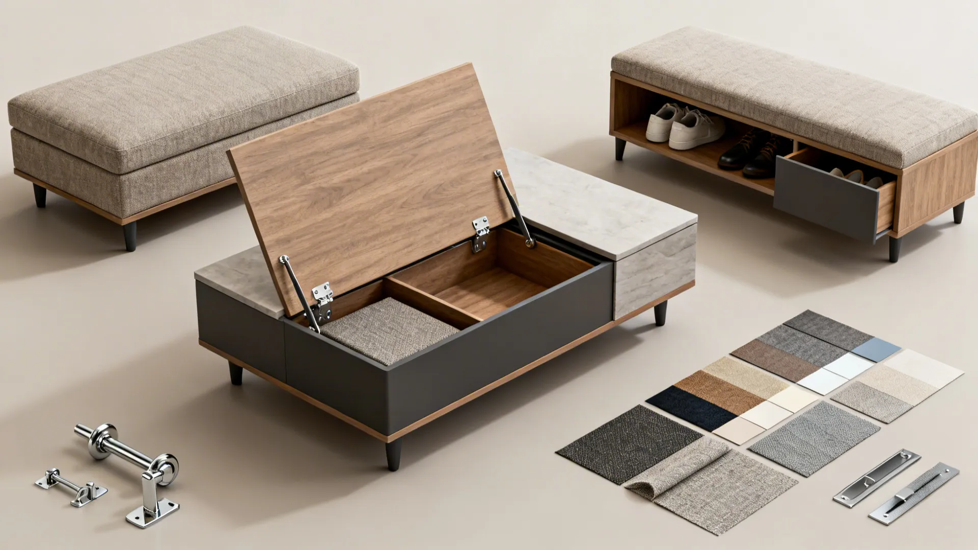 Flatlay of lift-top coffee table, storage ottoman and bench with shoe compartment plus fabric swatches.