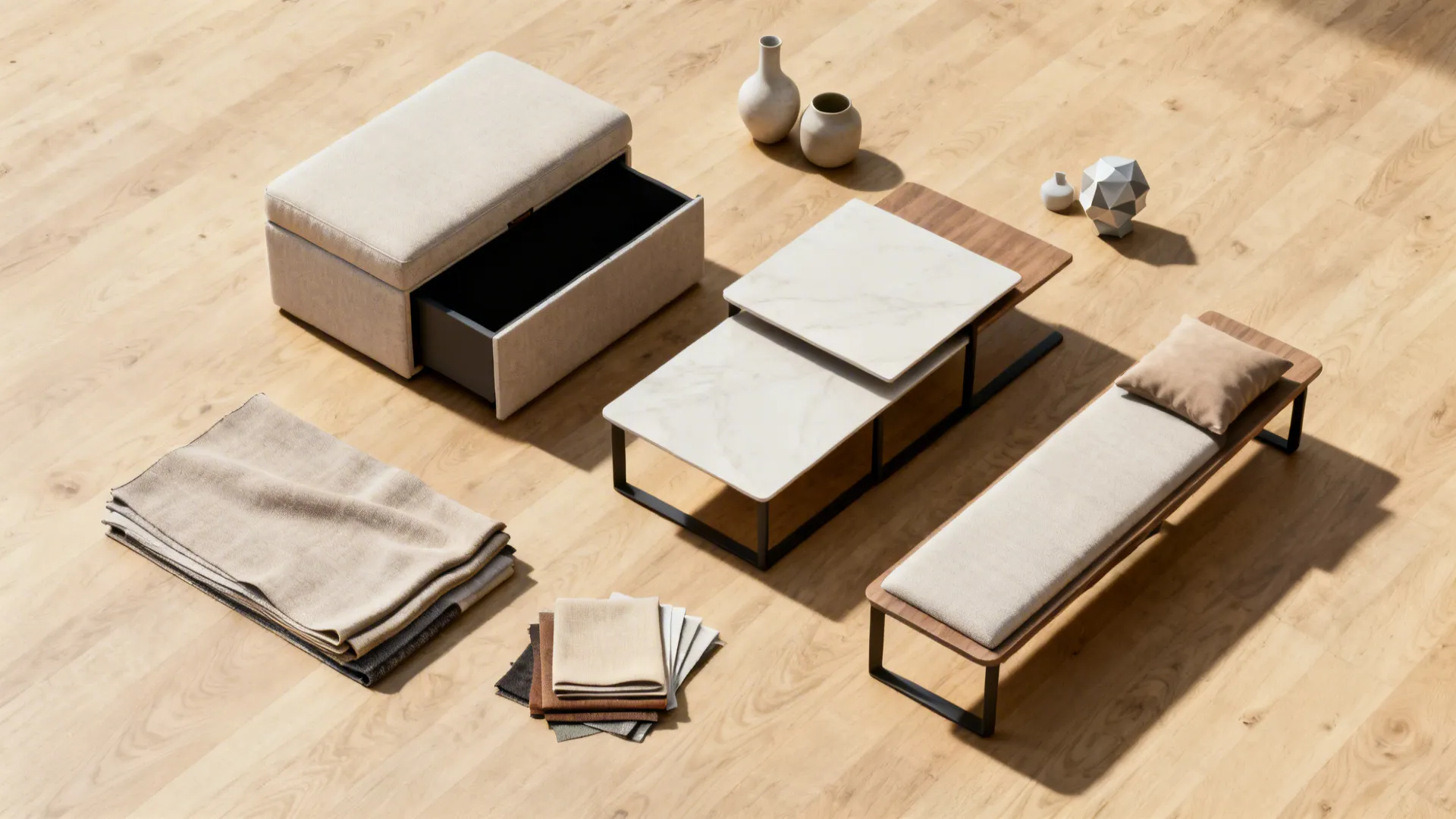 Flatlay of multifunctional pieces: storage ottoman, nesting tables, and slim media bench samples