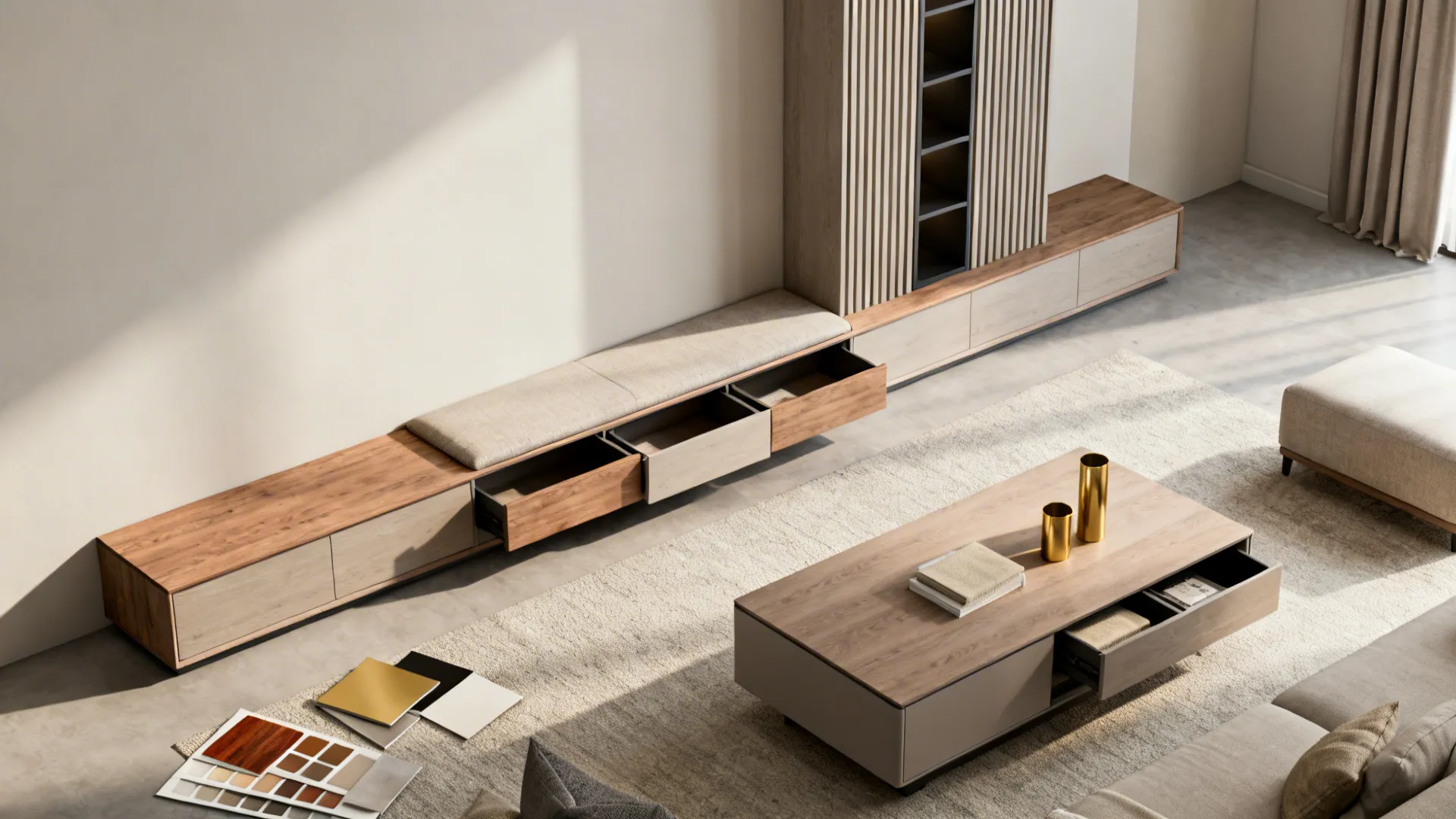 Flatlay of multifunctional furniture pieces and vertical storage details for a narrow living room.